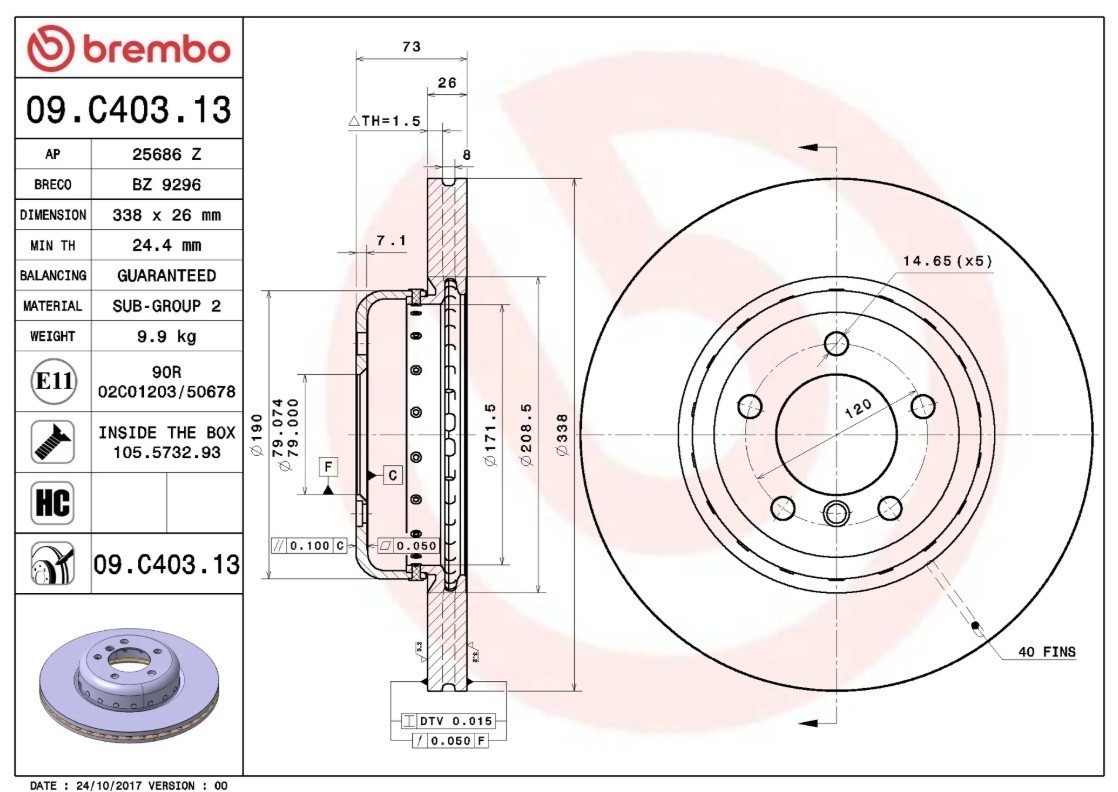 Brembo 09.C403.13 Prime Composite Vented Brake Rotors – Front Pair