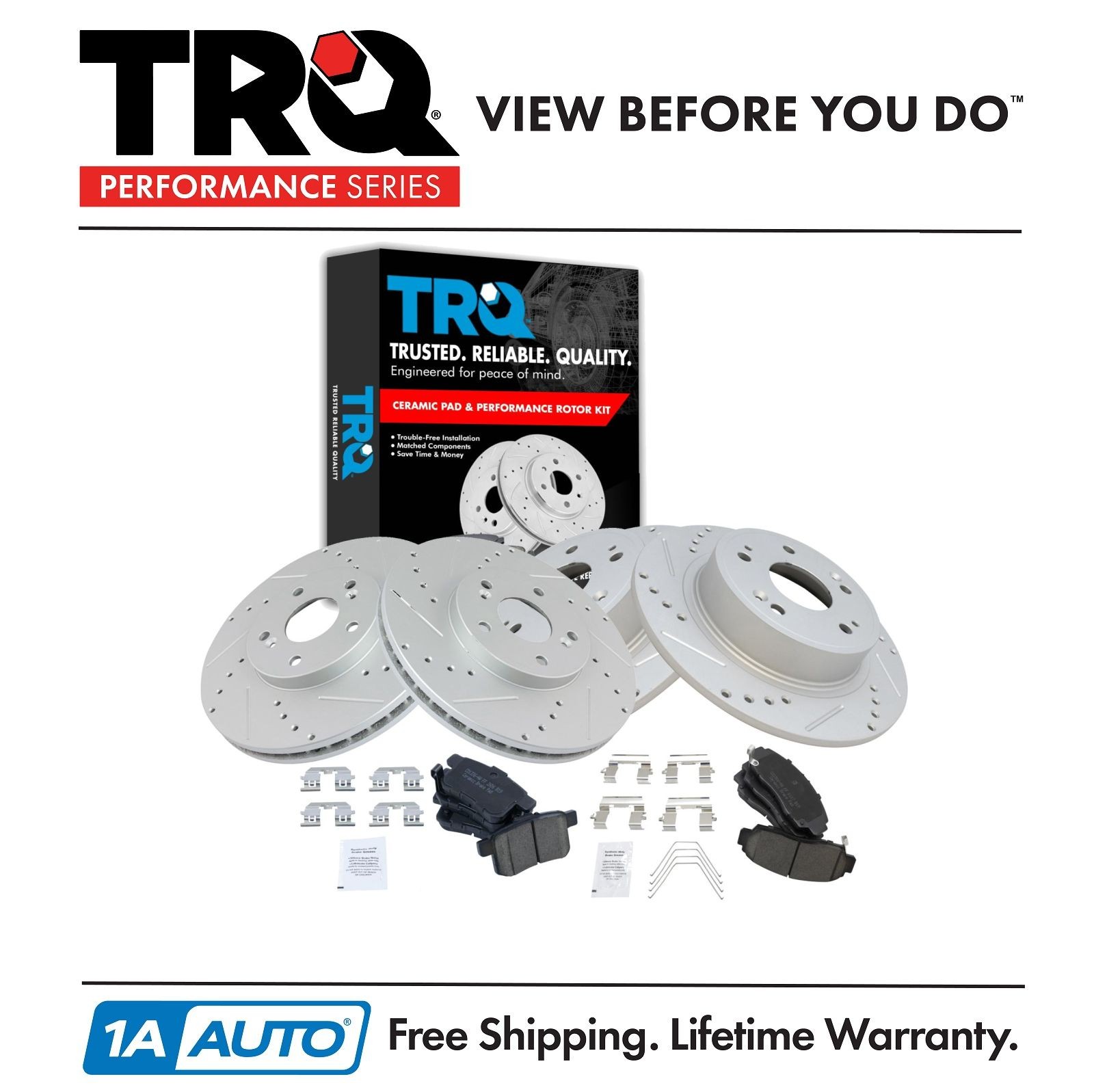 TRQ Front Rear Ceramic Disc Brake Pad Performance Drilled Slotted Zinc Coated