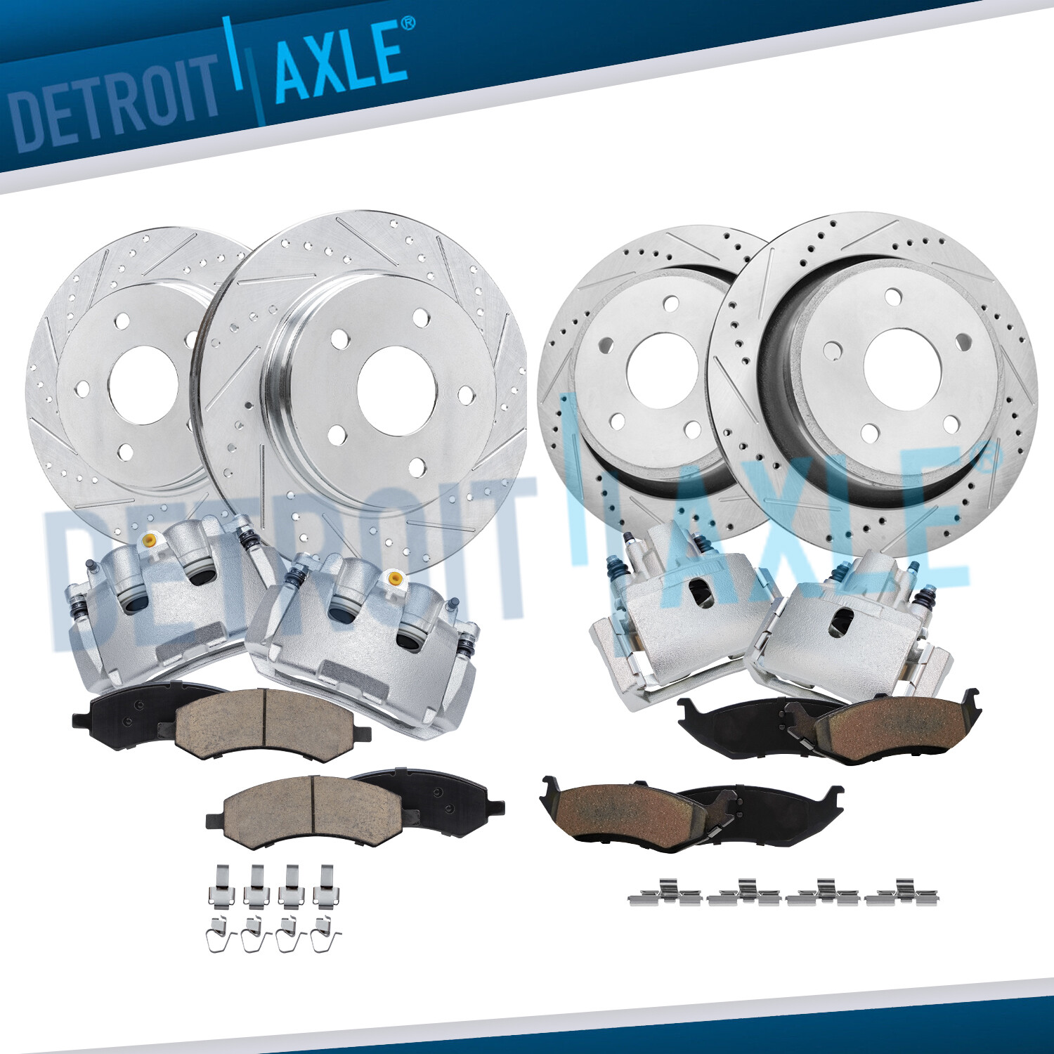 Front & Rear Drilled Rotors + Brake Calipers & Brake Pads for Dodge Ram 1500
