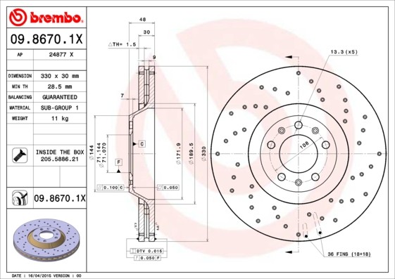 Brembo 09.8670.1x Brake Disc for Citroen, Peugeot