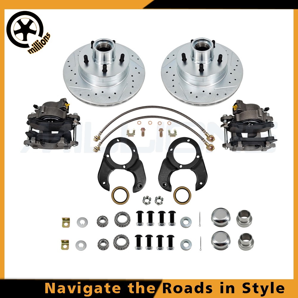 For Ford 1937-48 Spindle Disc Brake Kit 5 on 4-1/2 Metric Caliper Drilled Rotor