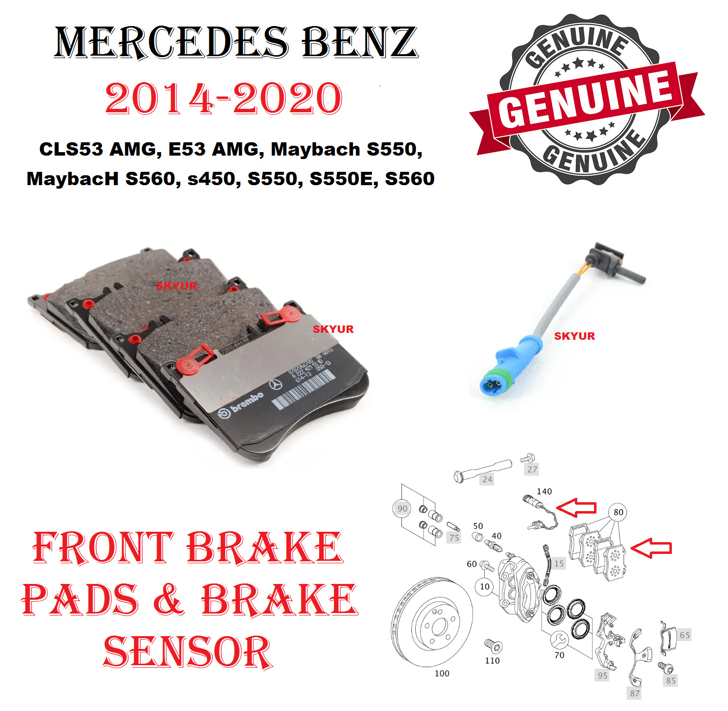 Mercedes Front Brake Pads With Sensor For S450 S550 S550e S560 CLS53 AMG Genuine