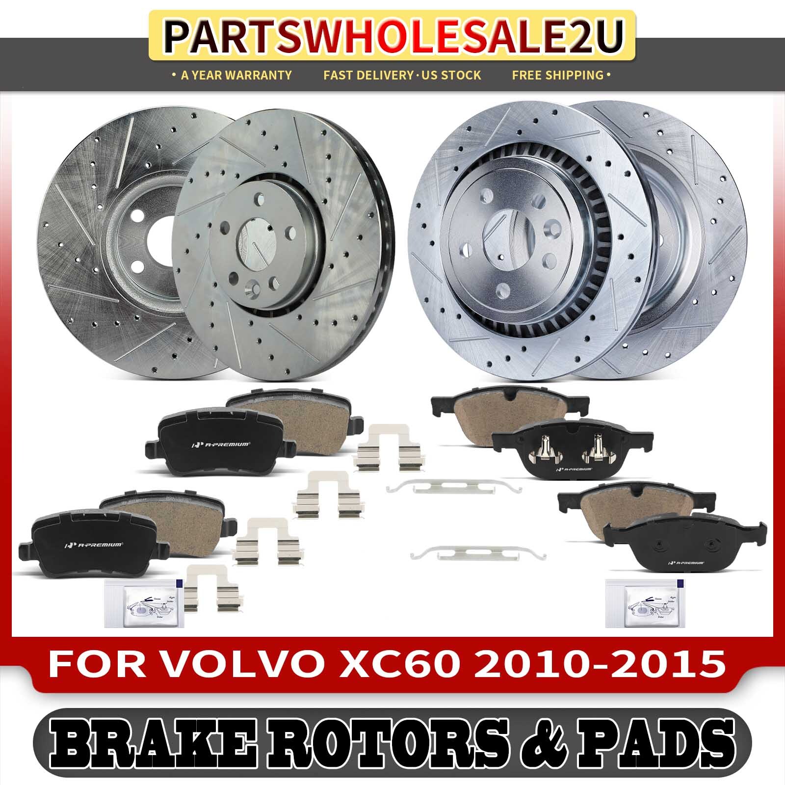 12x New Front & Rear Left & Right Drilled Rotor & Brake Pad for Volvo XC60 10-15