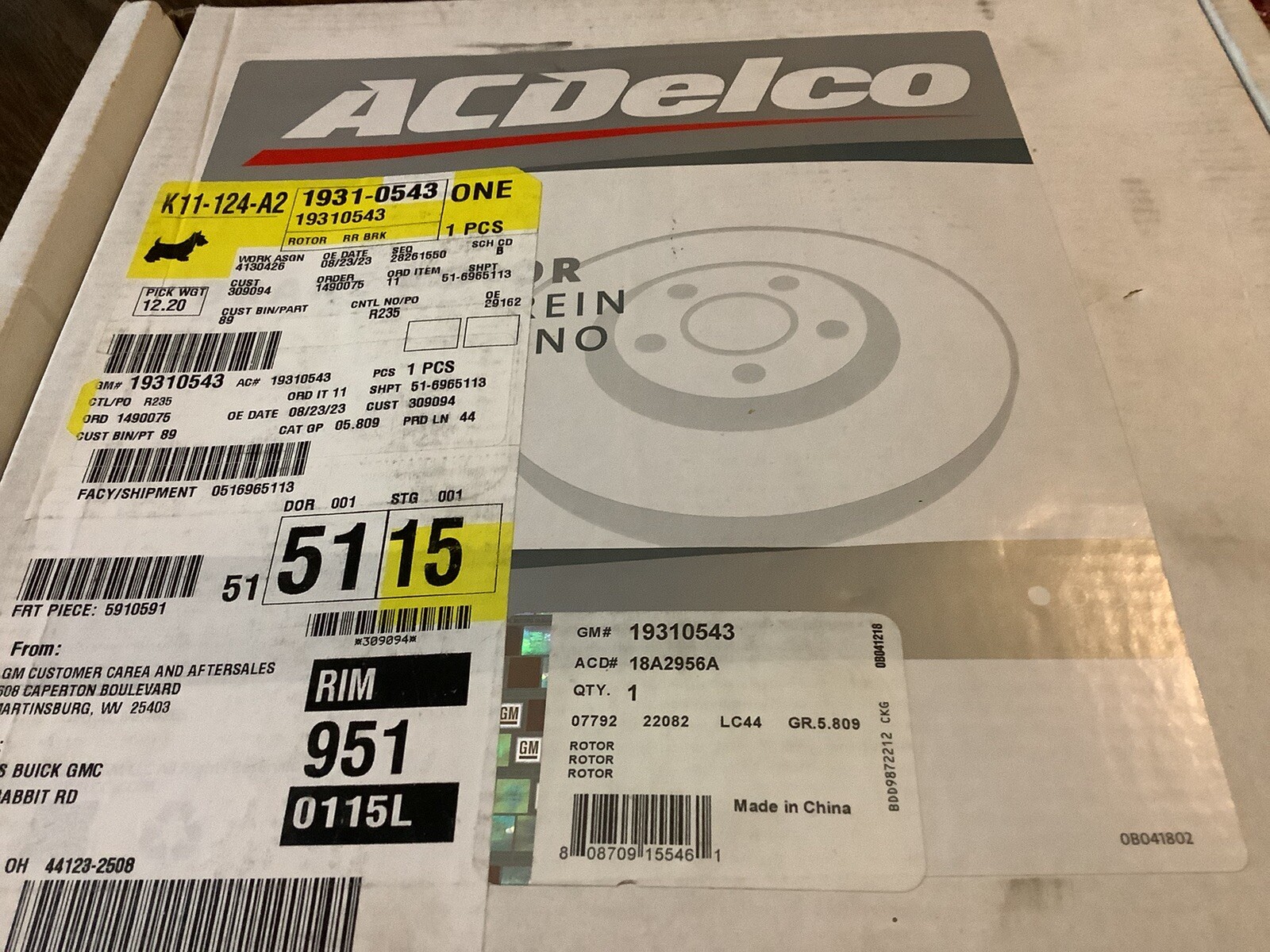 AC Delco GM 19310543 ACD 18A2956A Rear Disc Brake Rotor NIB