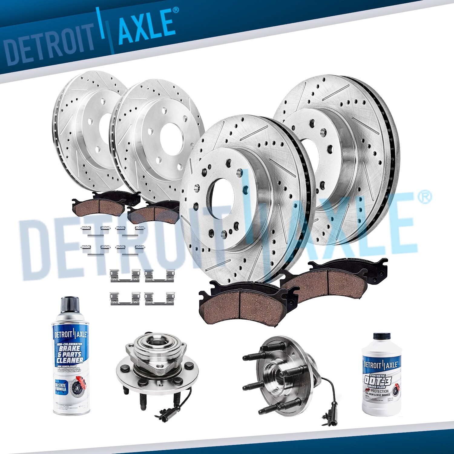 4WD Front Rear DRILLED Rotor Brake Pad + Wheel Hub for GMC Sierra Silverado 1500