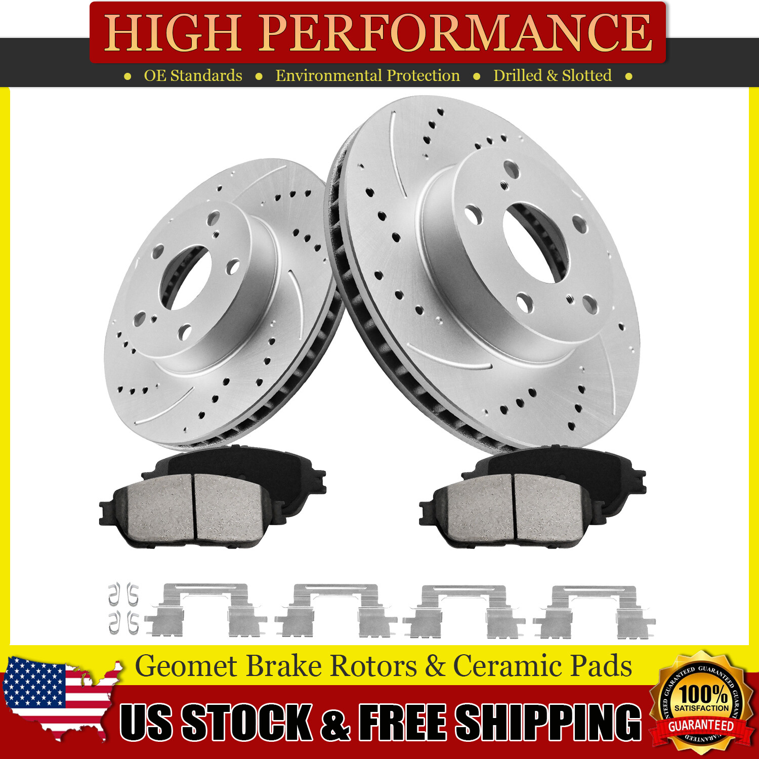 Front Drilled Disc Rotors & Brake Pads Kit For Toyota Tacoma 2005 2006-2015