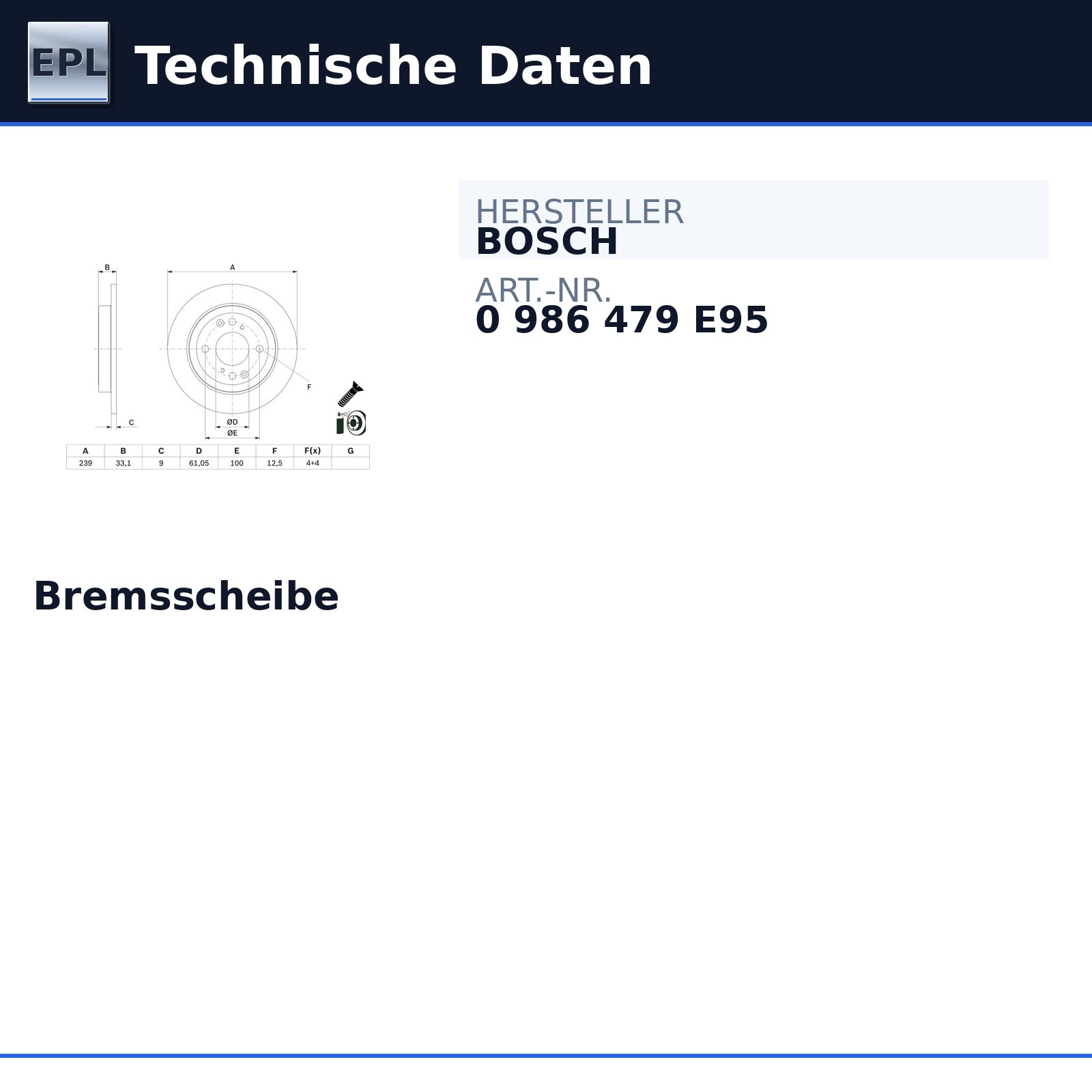 Bosch brake disc ø239 mm 0 986 479 E95 for Honda Jazz