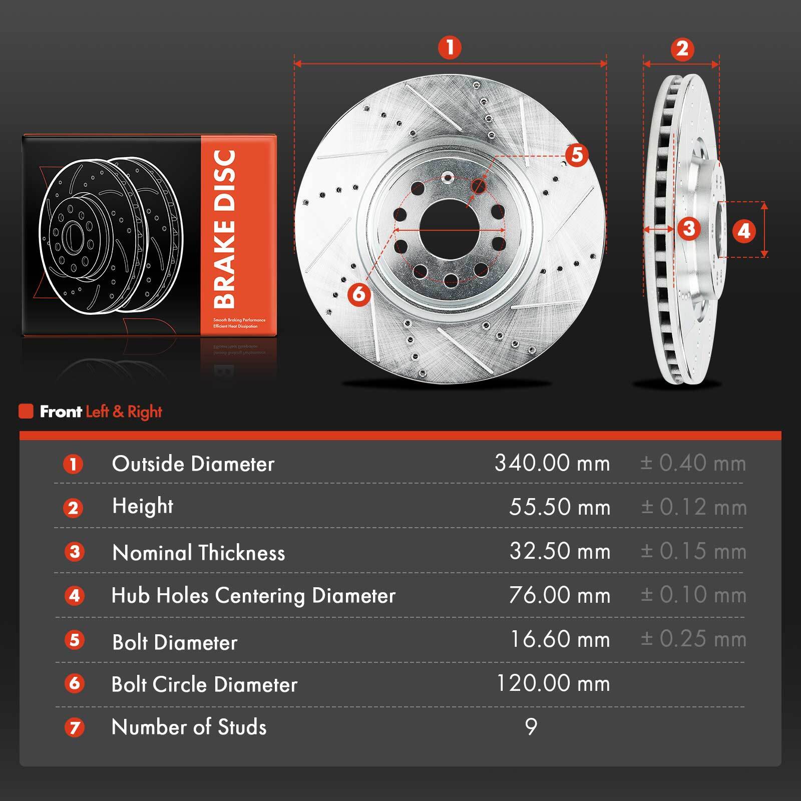 Front Left & Right Side Drilled Brake Rotor for Audi A3 Q3 S3 Volkswagen Golf R