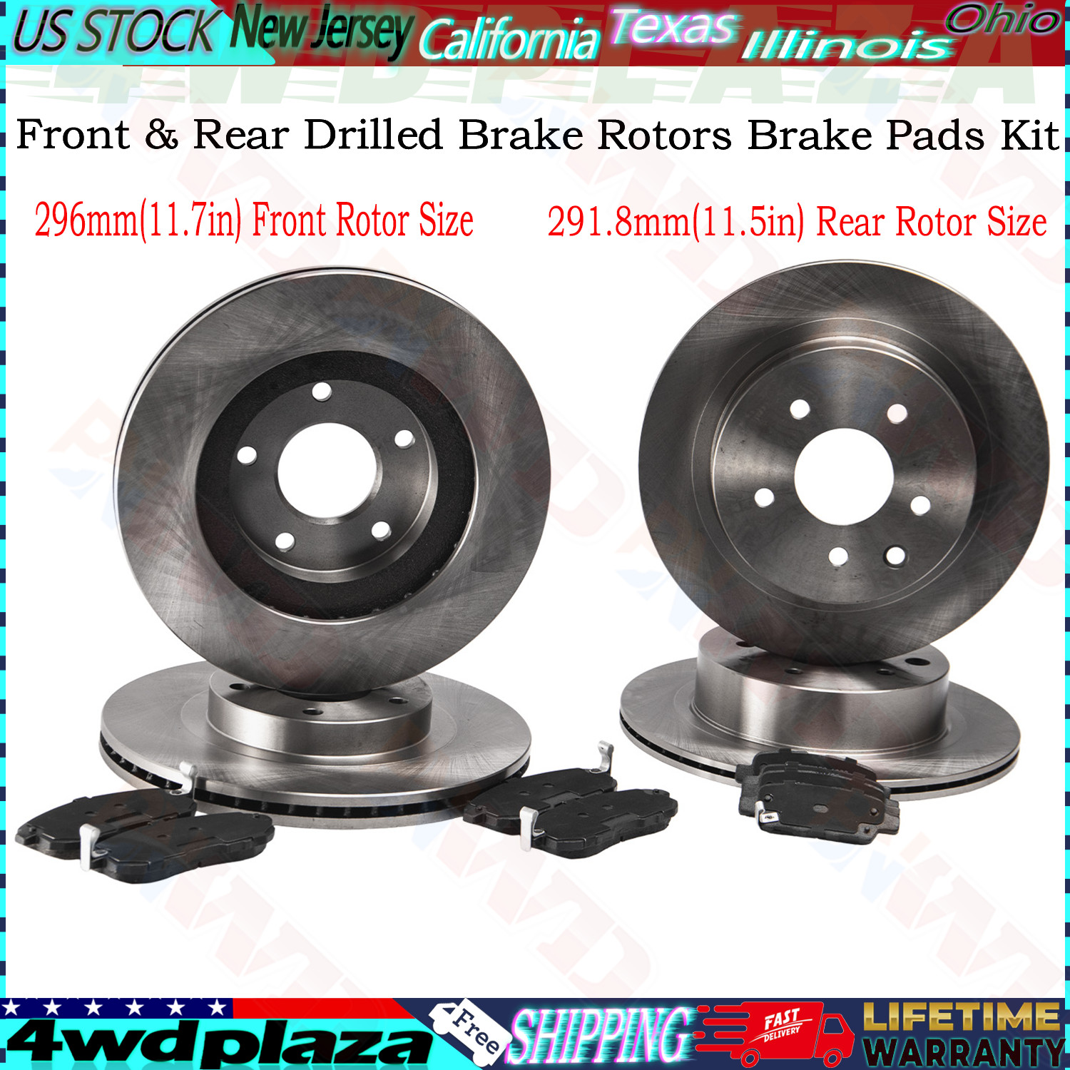 Front & Rear Drilled Rotors Ceramic Pads for 2003-2005 INFINITI G35 Nissan 350Z