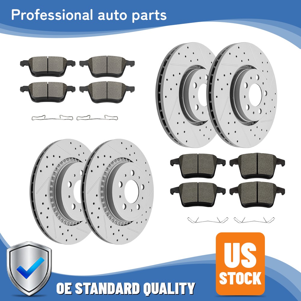 Front Rear Drilled Brake Disc Rotors Ceramic Brake Pads For 2003-2014 Volvo XC90