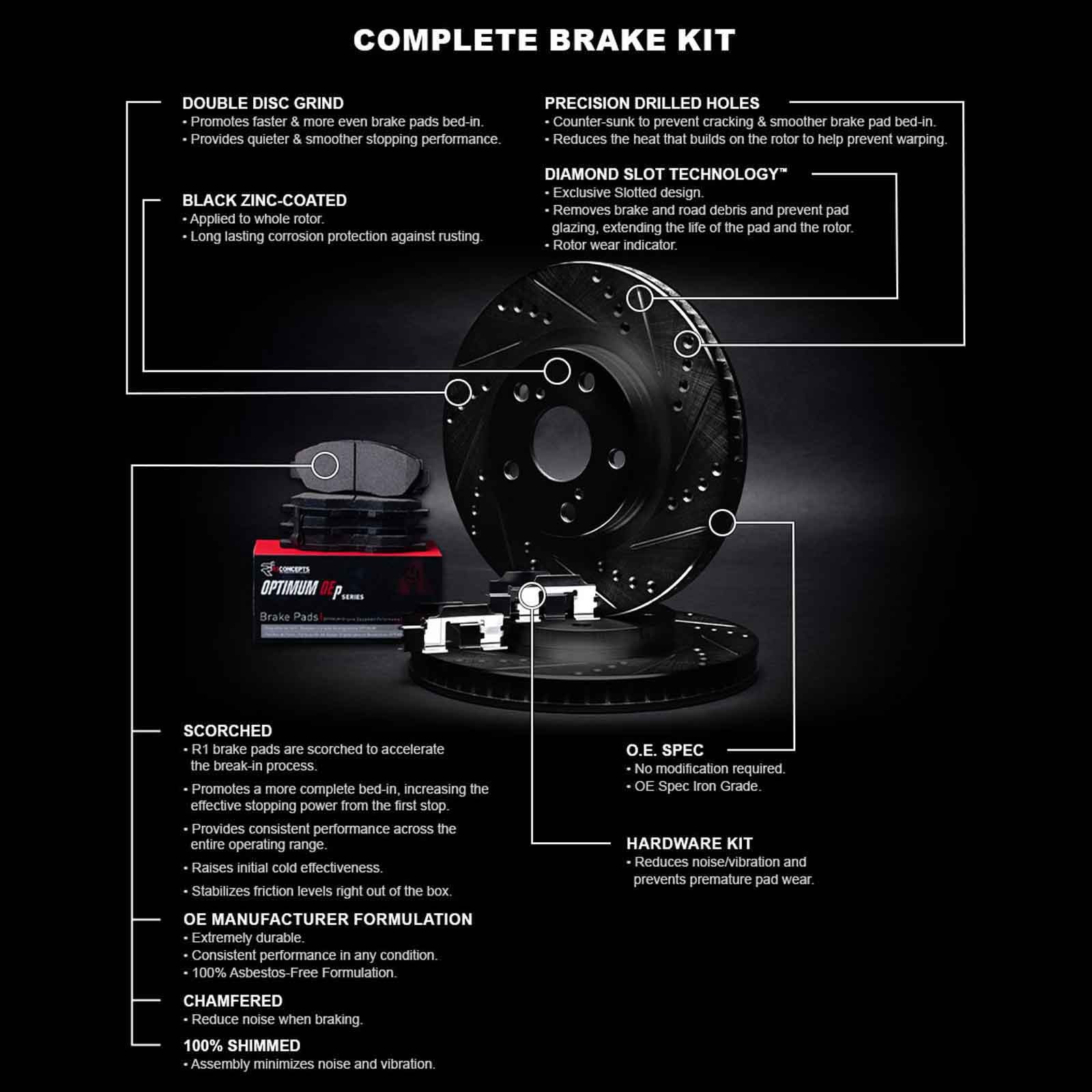 R1 Concepts Whuh1 73008 R1 Brake Rotors D S Black W Optimum Oe Pads Hdw