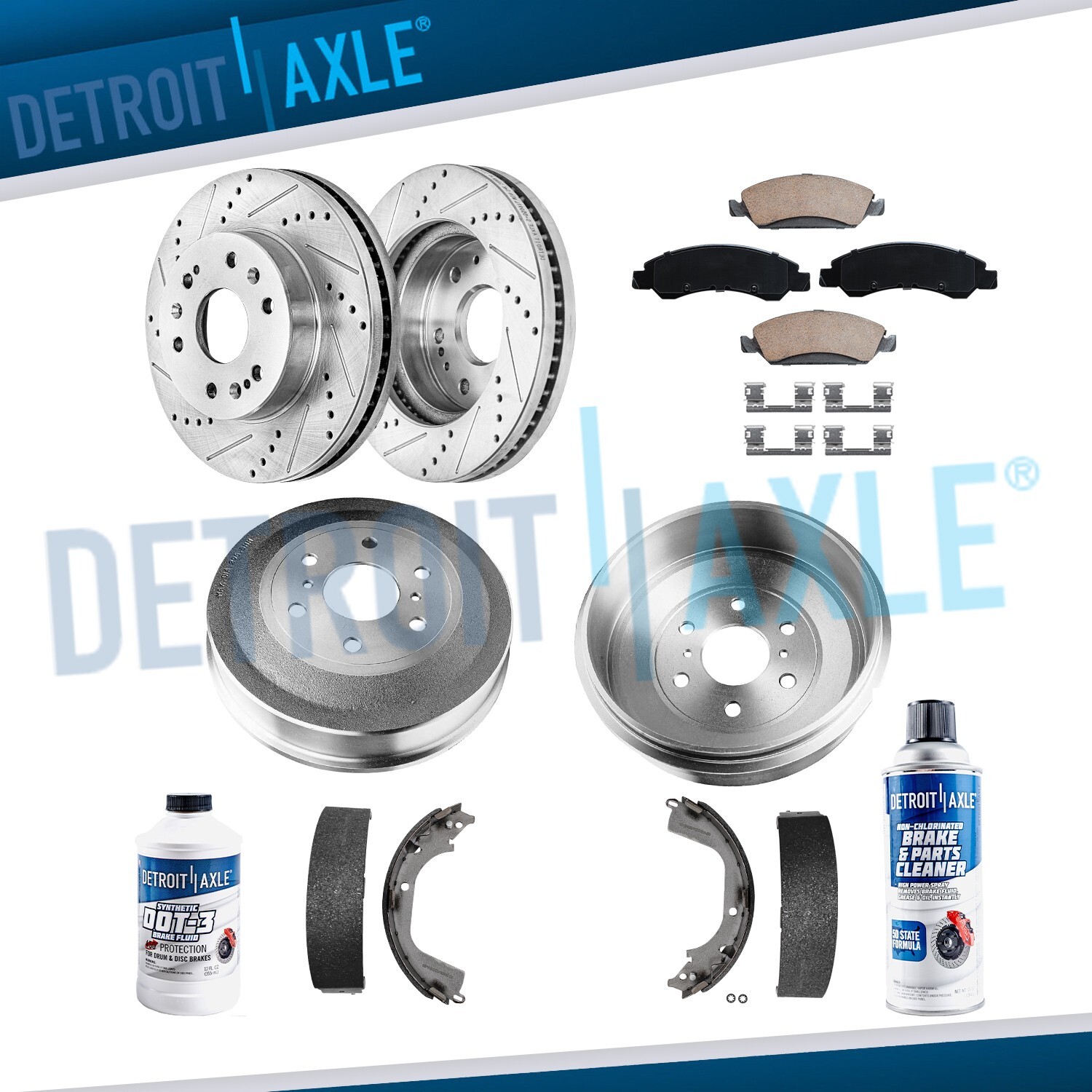 Front Drilled Rotor Ceramic Pad + Rear Drum Shoe for 09-13 Silverado Sierra 1500