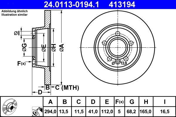 ATE 24.0113-0194.1 Brake Disc for Ford, Seat, VW