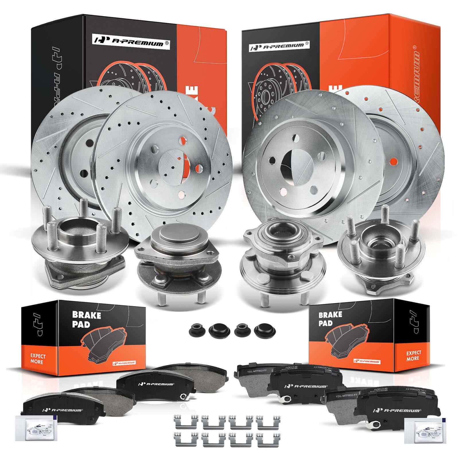 A-Premium 16x Drilled Rotor & Pad+Wheel Hub Bearing Front&Rear for Dodge Charger