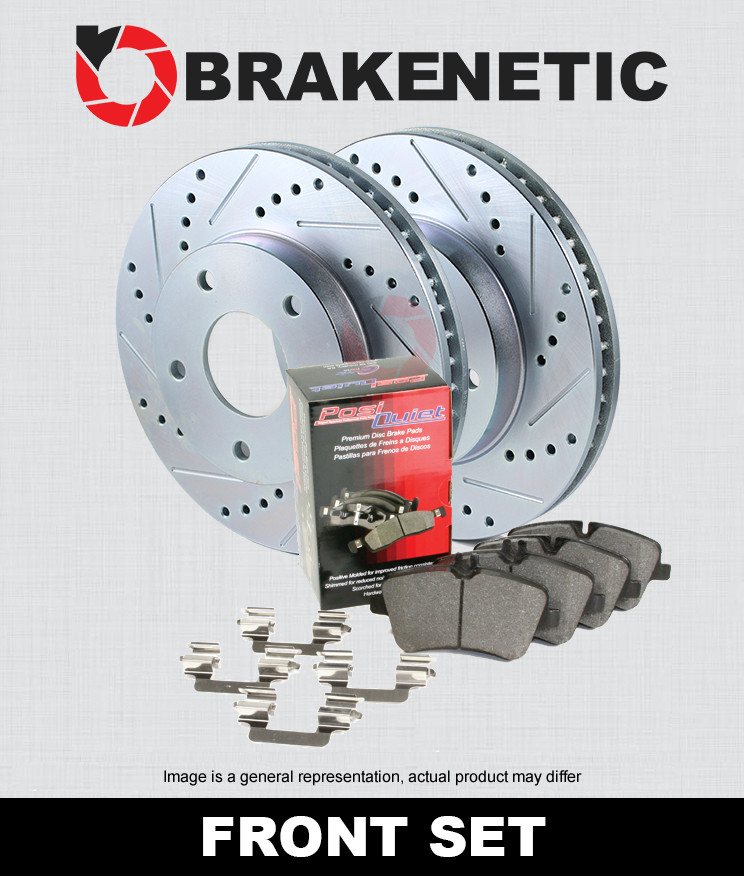 FRONT BRAKENETIC Sport Drill Slot Brake Rotors + Quiet Pads 350mm BSK95823