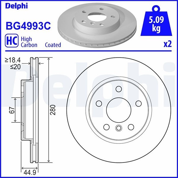 Genuine Delphi Front Coated Brake Disc Set Vented for BMW i3 I01 BG4993C