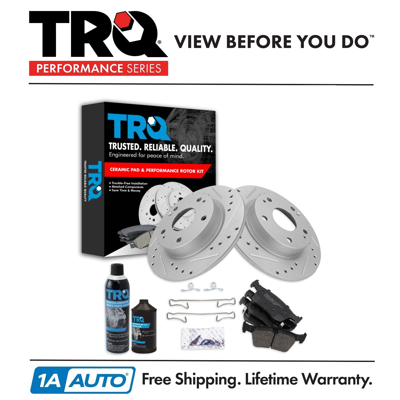 TRQ Rear Posi Ceramic Brake Pad & Performance Rotor Kit w/Fluids for Honda Civic