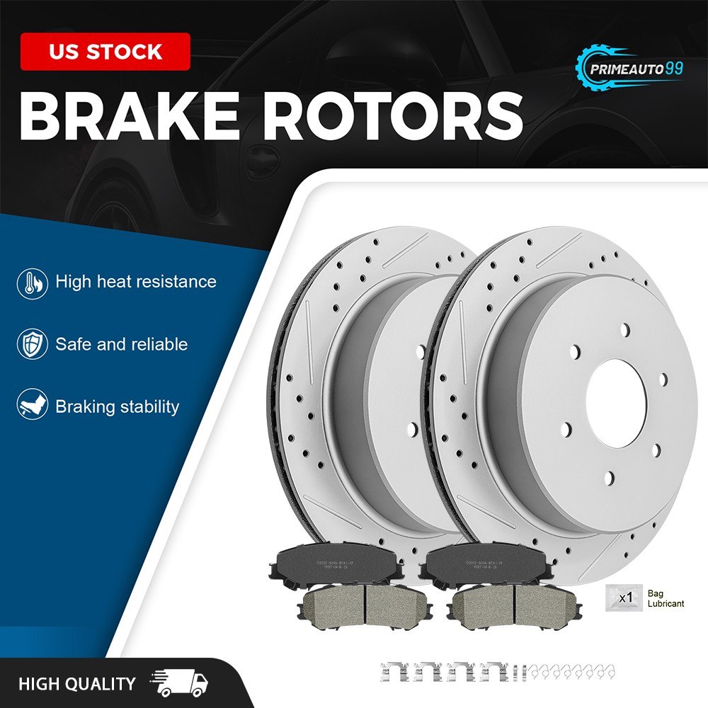 Rear Drilled Disc Brake Rotors + Brake Pads Kit for Nissan Titan 2017-2022 2023
