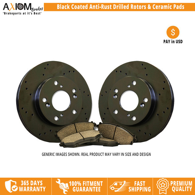 (Front Kit) Black Coated Anti-Rust Drilled 2 Brake Rotors – 4 Ceramic Brake Pads