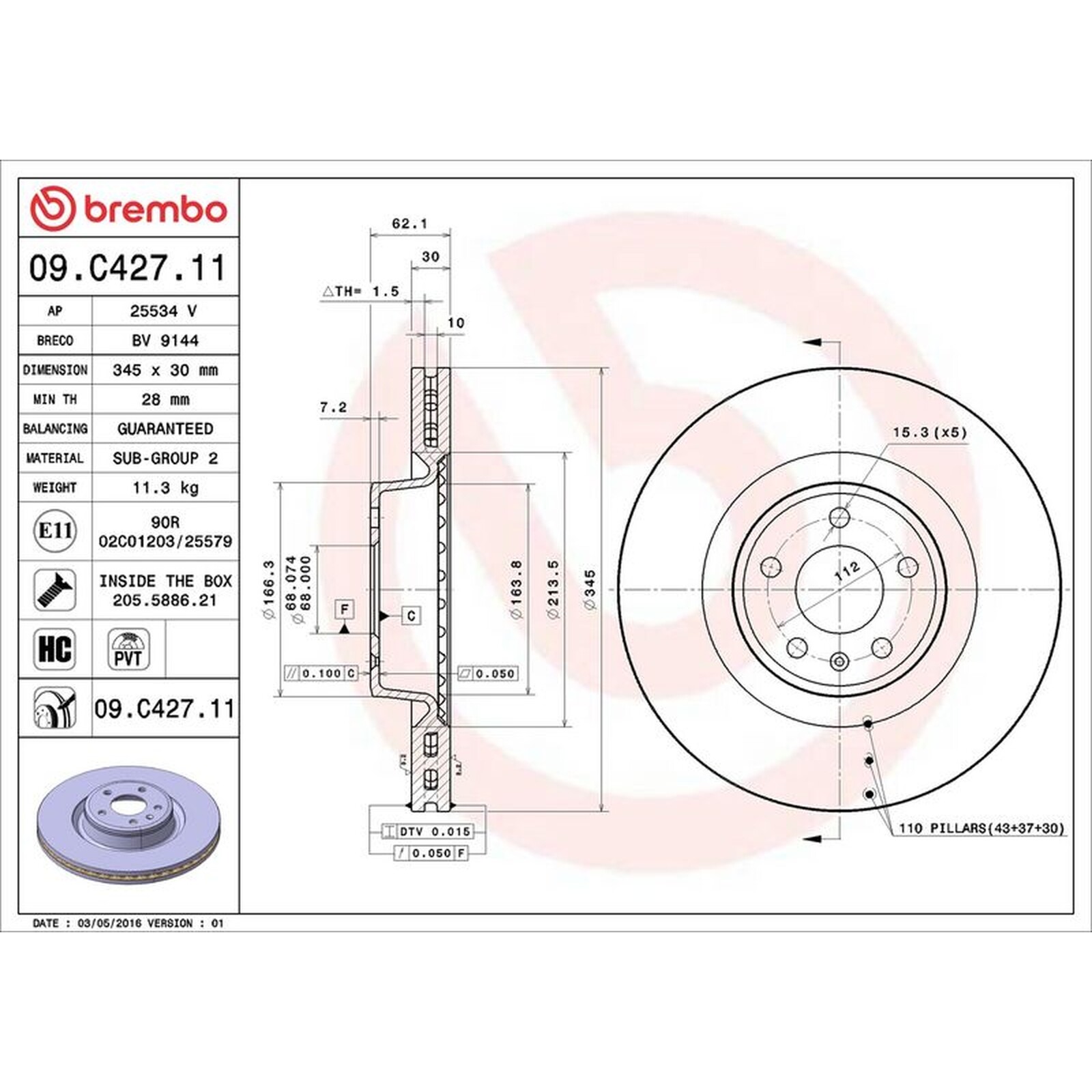 Brembo Prime Line UV Coated Vented Brake Disc – 09.C427.11 For Audi – OE Quality