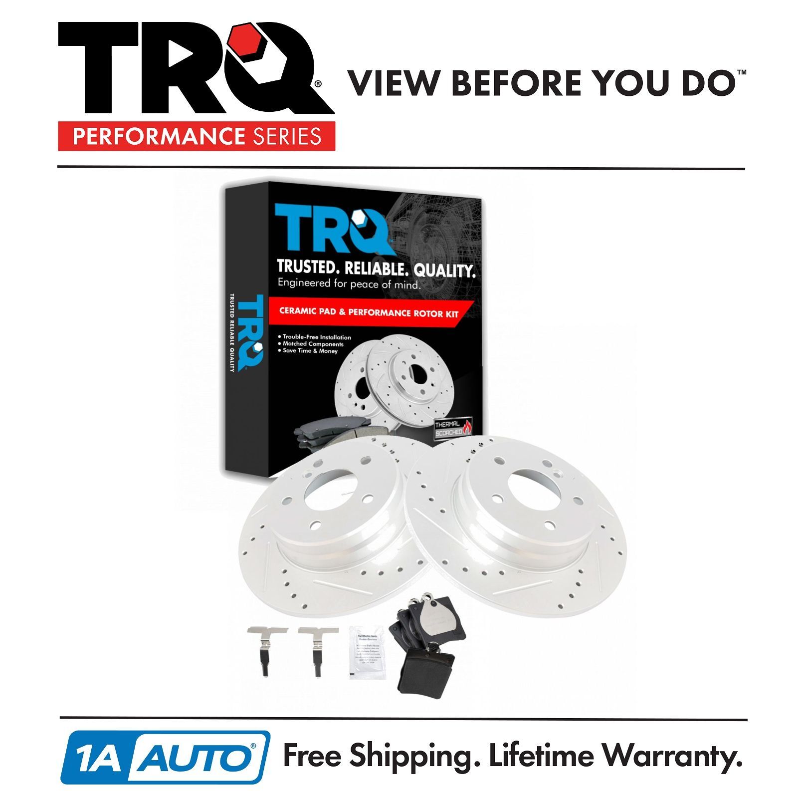 TRQ Performance Drilled & Slotted Coated Brake Rotor & Ceramic Pad Rear Kit