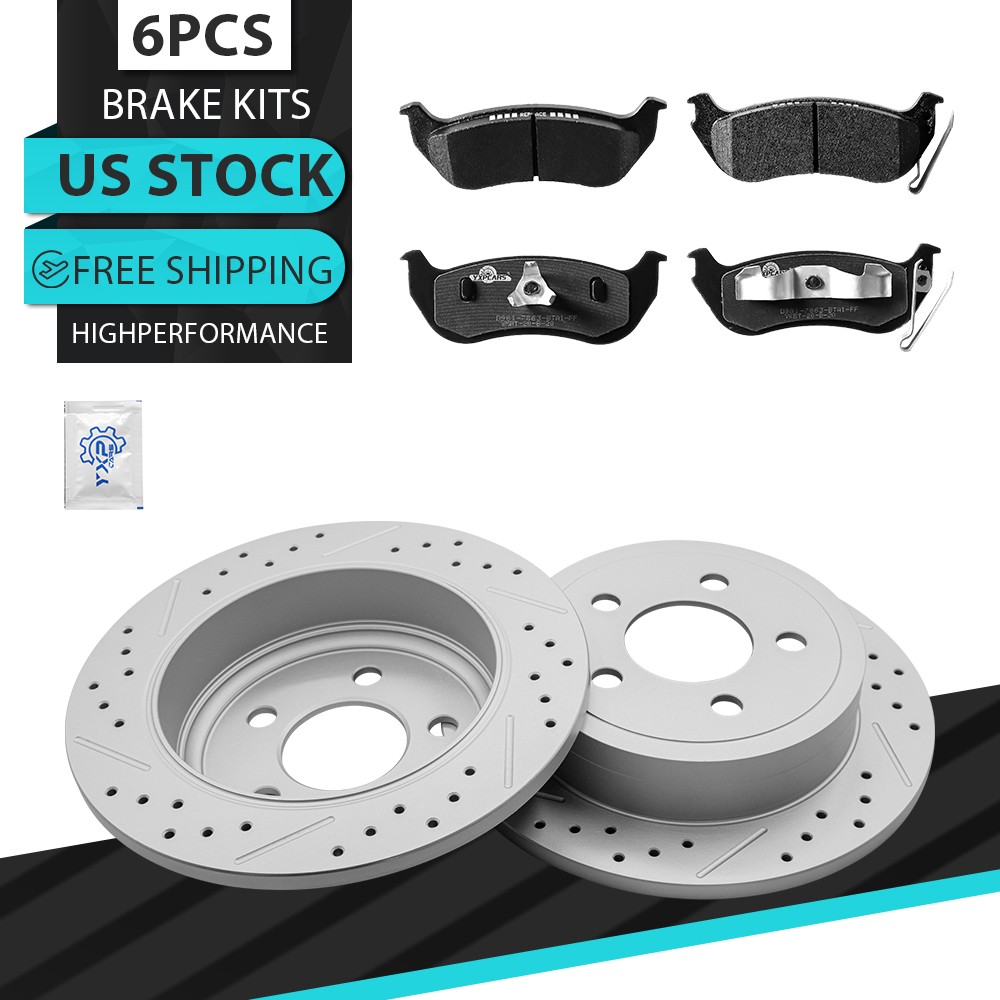 285mm Rear Drilled Rotors Ceramic Brake Pads for 2003-2006 Jeep Liberty Wrangler