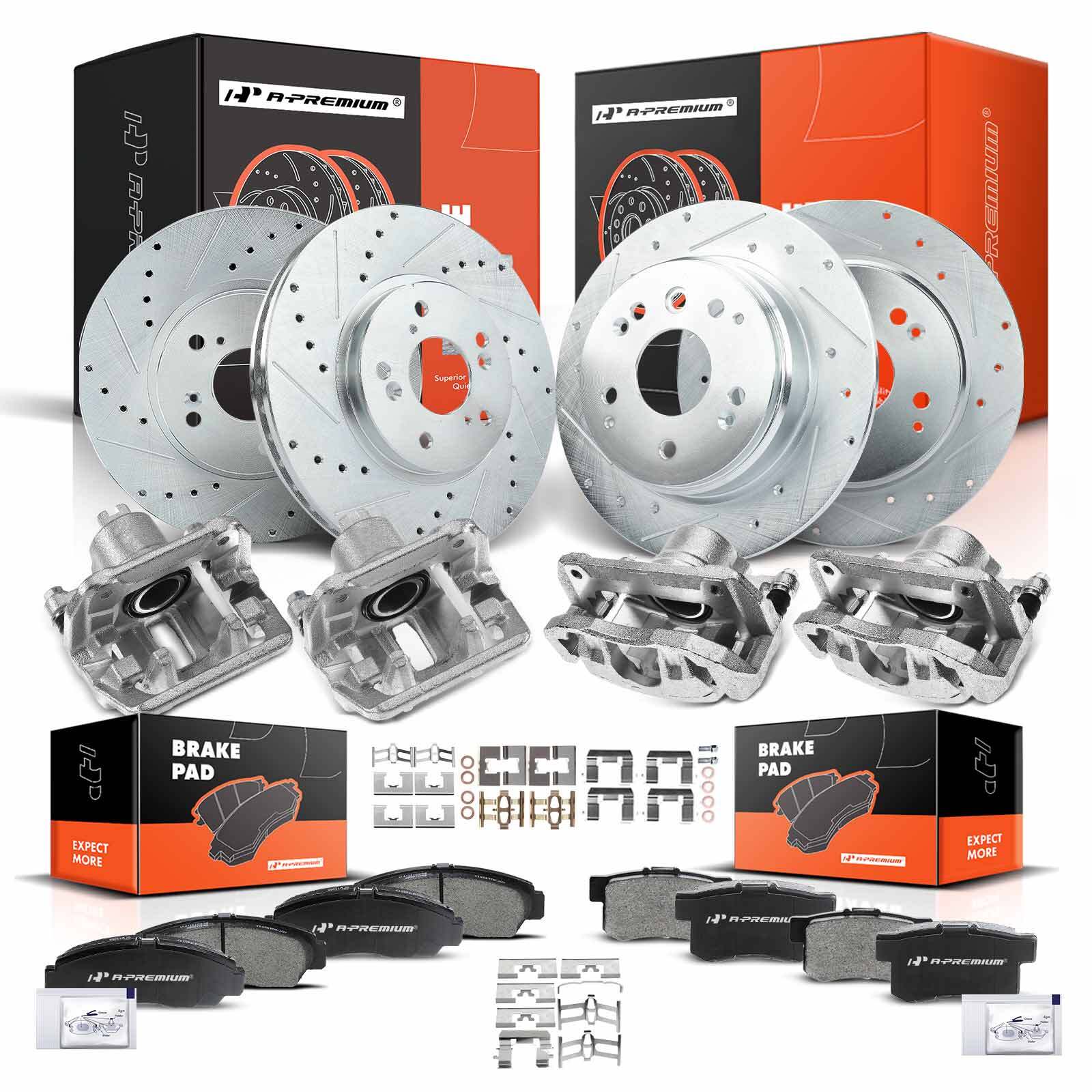 Front & Rear Drilled Brake Rotor & Pads + Brake Caliper for Acura TL Base 04-08