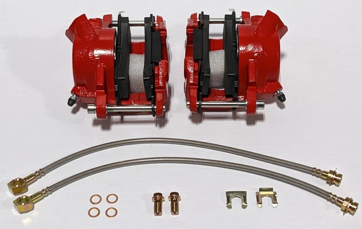 RED GM A F X Body Full Size Front Brake Calipers Loaded + Stainless Lines