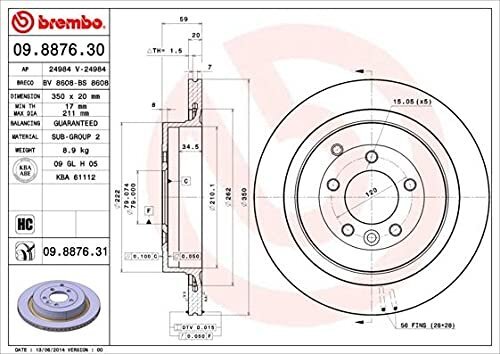 Brembo 09.8876.31 UV Coated vented Rear Brake Rotor LAND ROVER OE# SDB000646