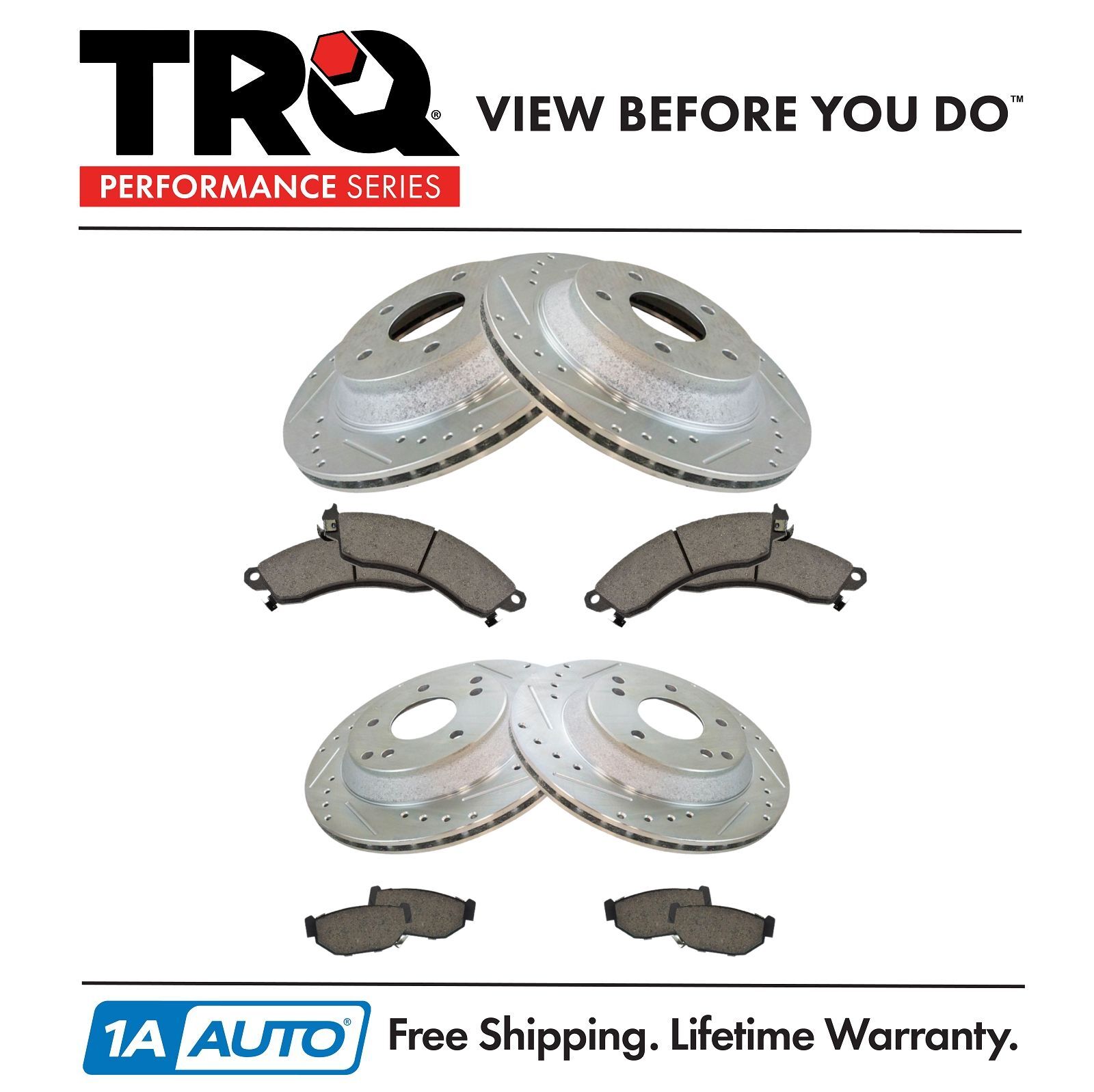 TRQ Font & Posi Ceramic Brake Pad & Performance Drilled Slotted Zinc Rotor