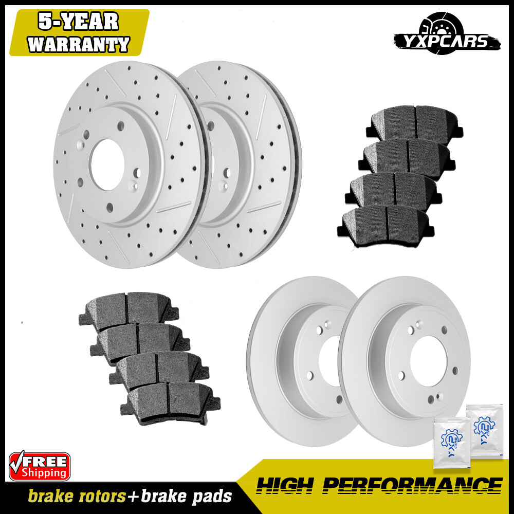 Front & Rear Drilled Rotors + Brake Pads for Hyundai Elantra Veloster Kia Forte