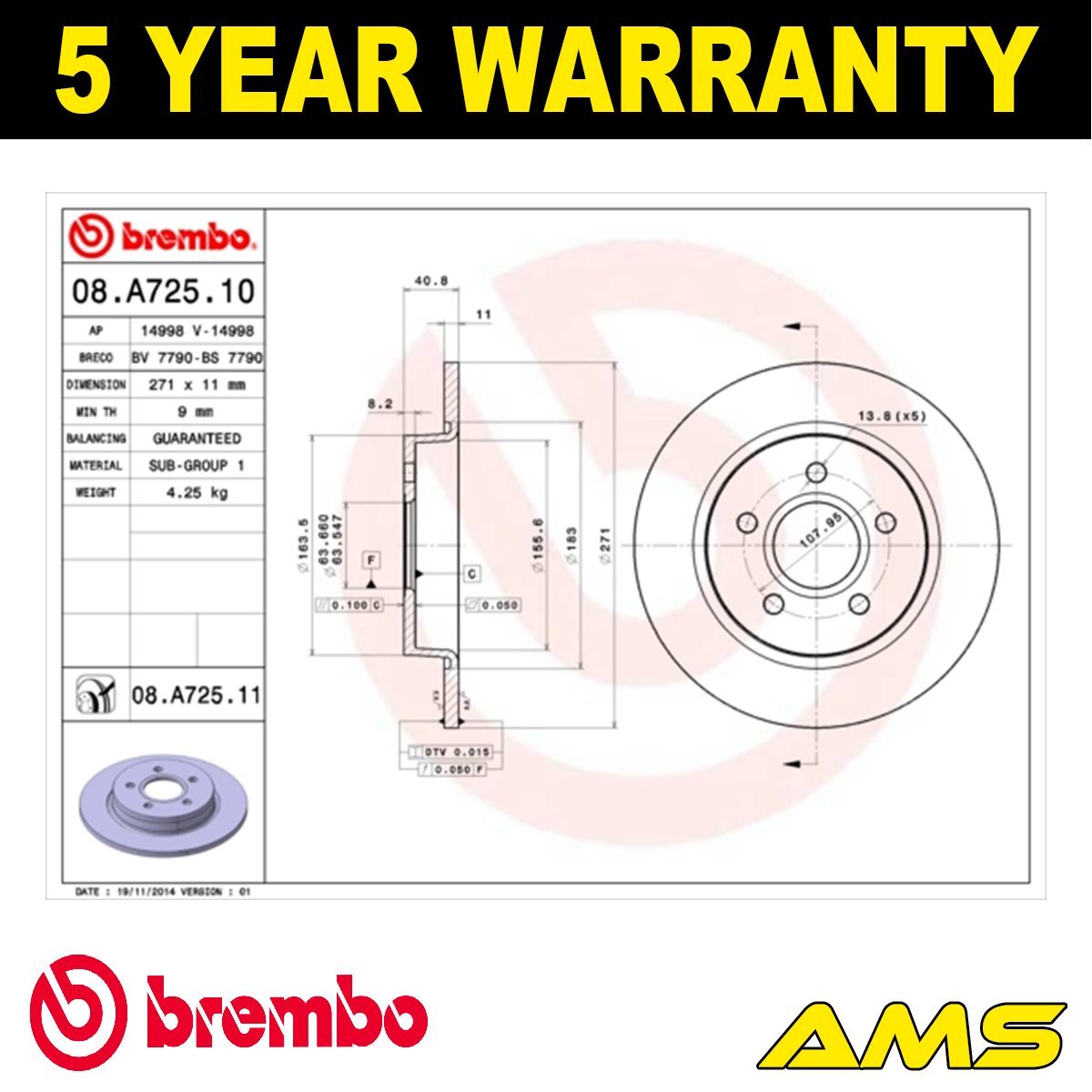 Fits Ford Focus 2010-2020 + Other Models Brake Discs Rear Brembo