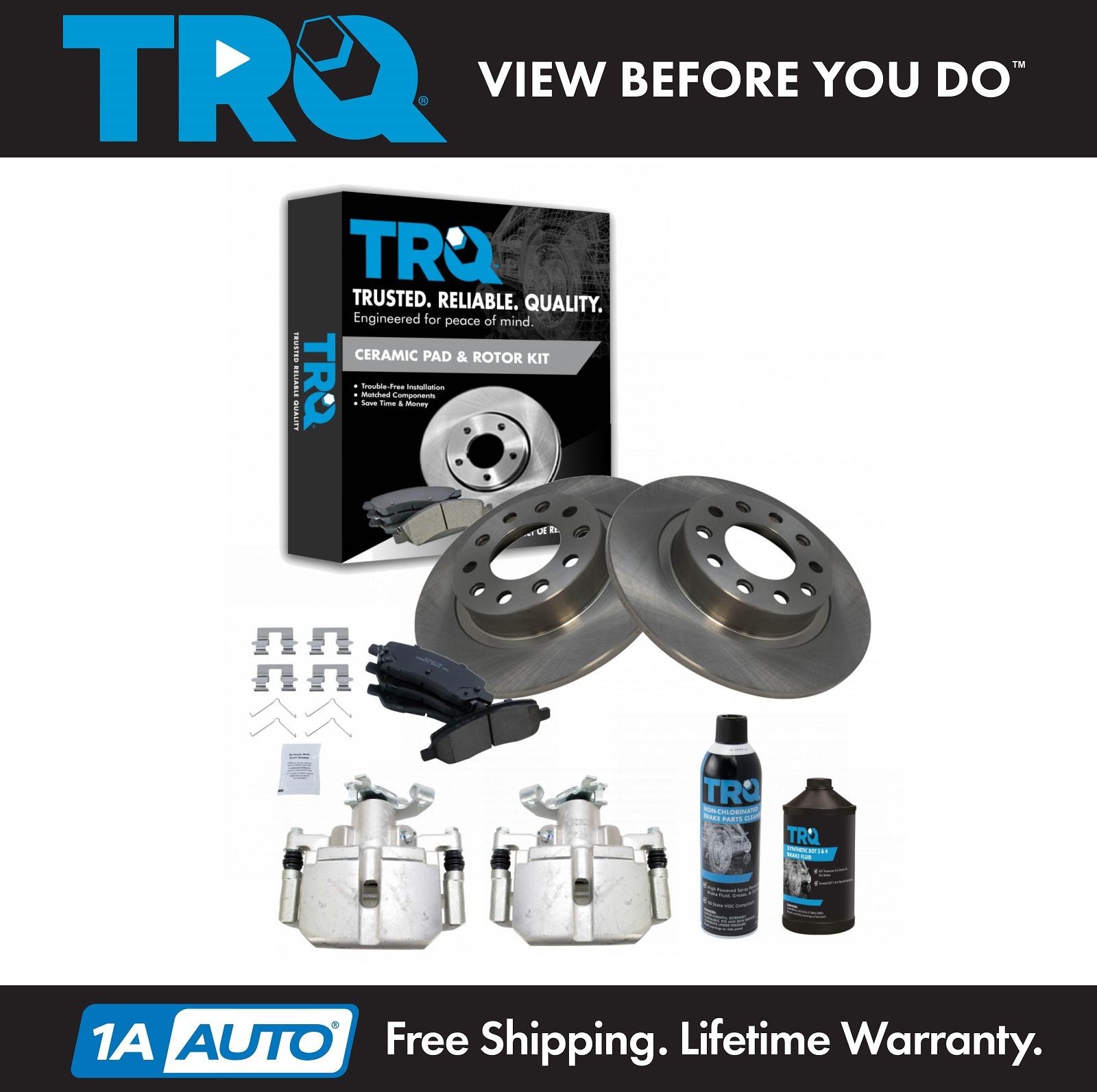 Rear Ceramic Brake Pad, Rotor & Caliper Kit w/ Chemicals for Dodge