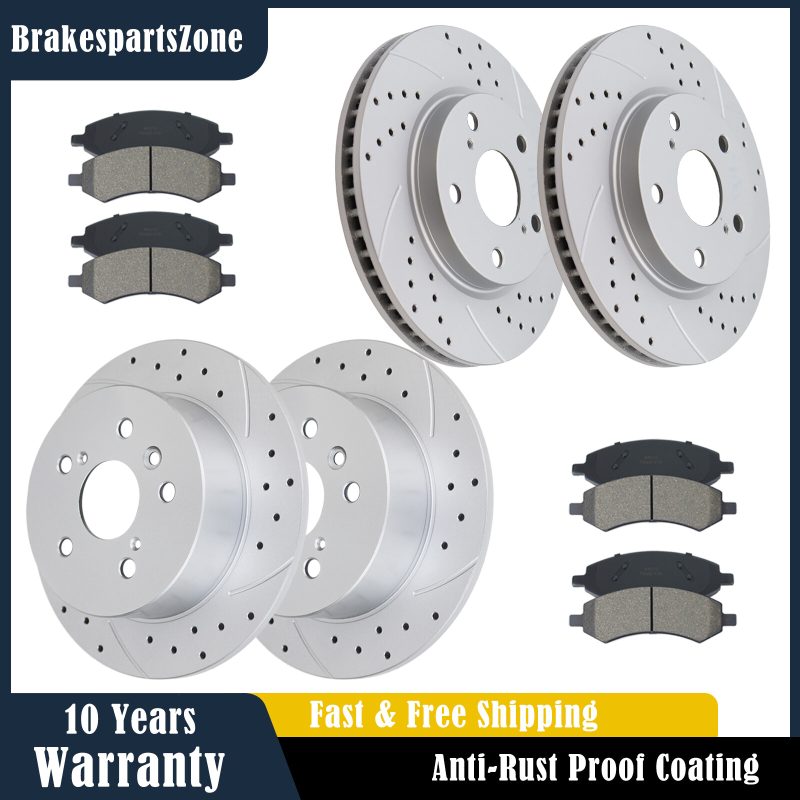 ​Front and Rear Brake Rotors Pads fit for Toyota RAV4 2006-18 Drilled Slotted