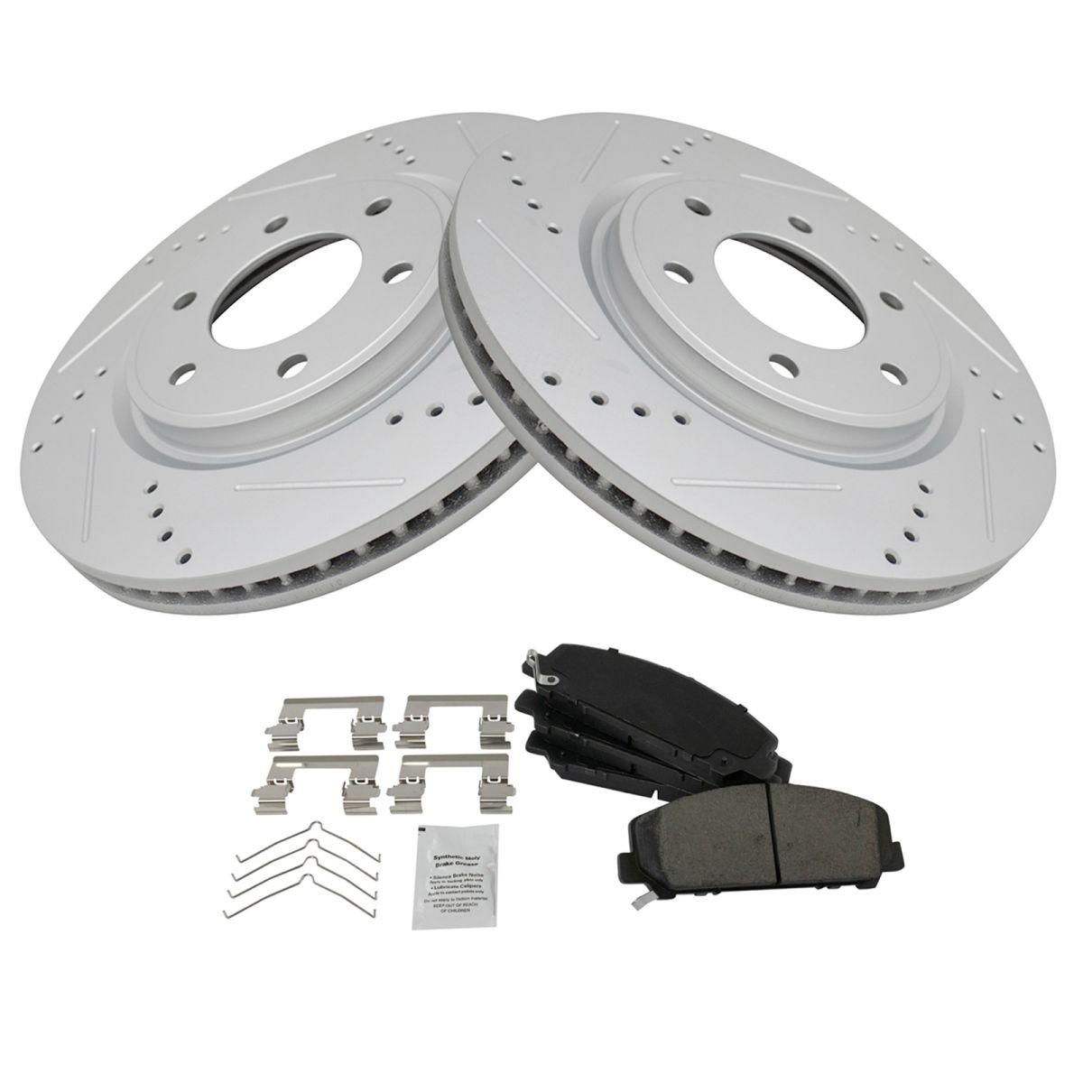 Front Posi Ceramic Brake Pad & Performance Drilled Slotted Zinc Coated Rotor Kit