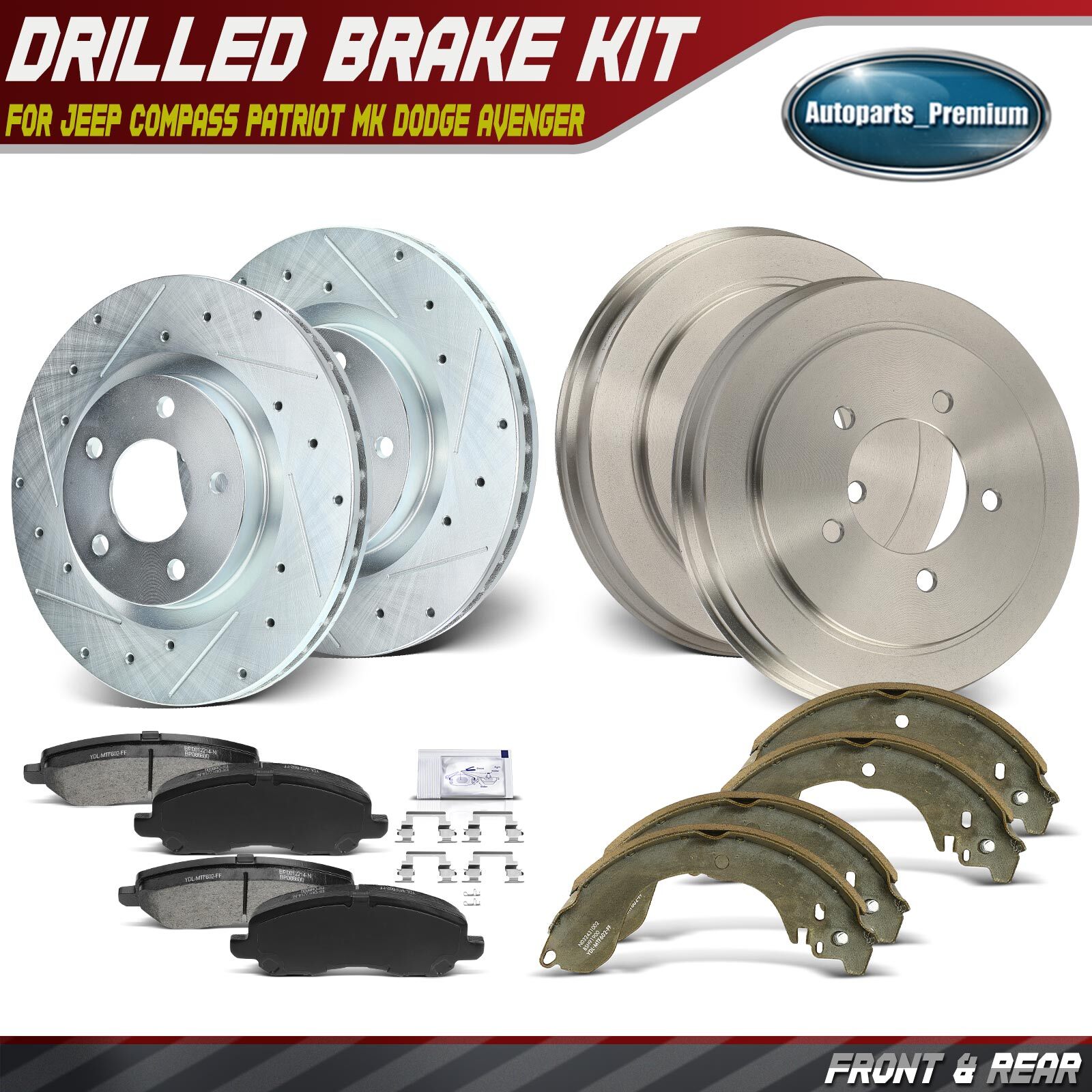 Front Drilled Brake Rotors Pad and Rear Brake Drum Shoe for Jeep Compass Patriot