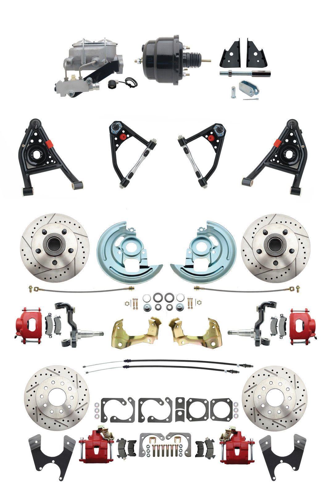 1969-1974 NOVA Front Rear Disc Brake 8″ Booster Control Arms Package Red Caliper