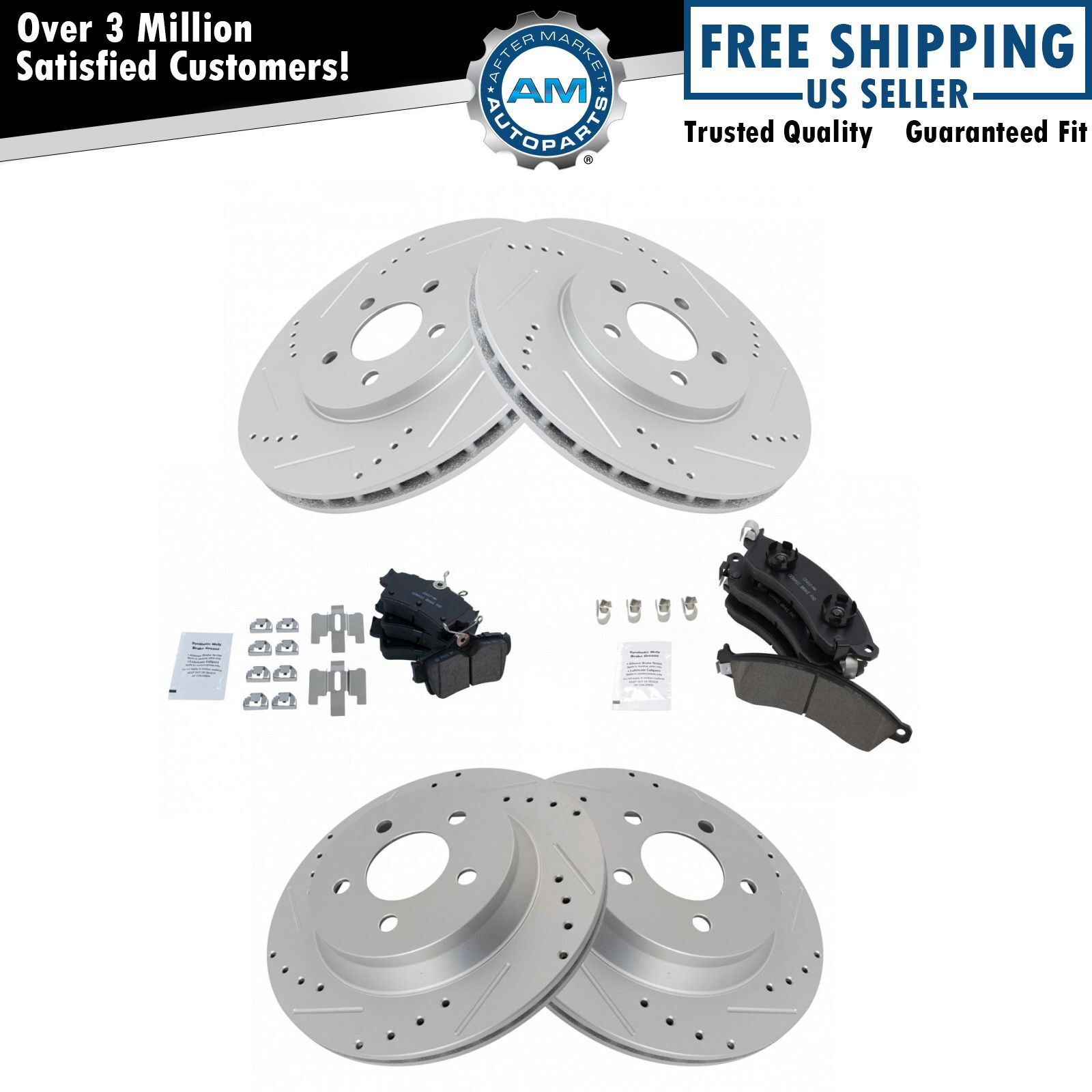 Brake Rotor Drilled Slotted Zinc Coated & Ceramic Pad Front & Rear Kit