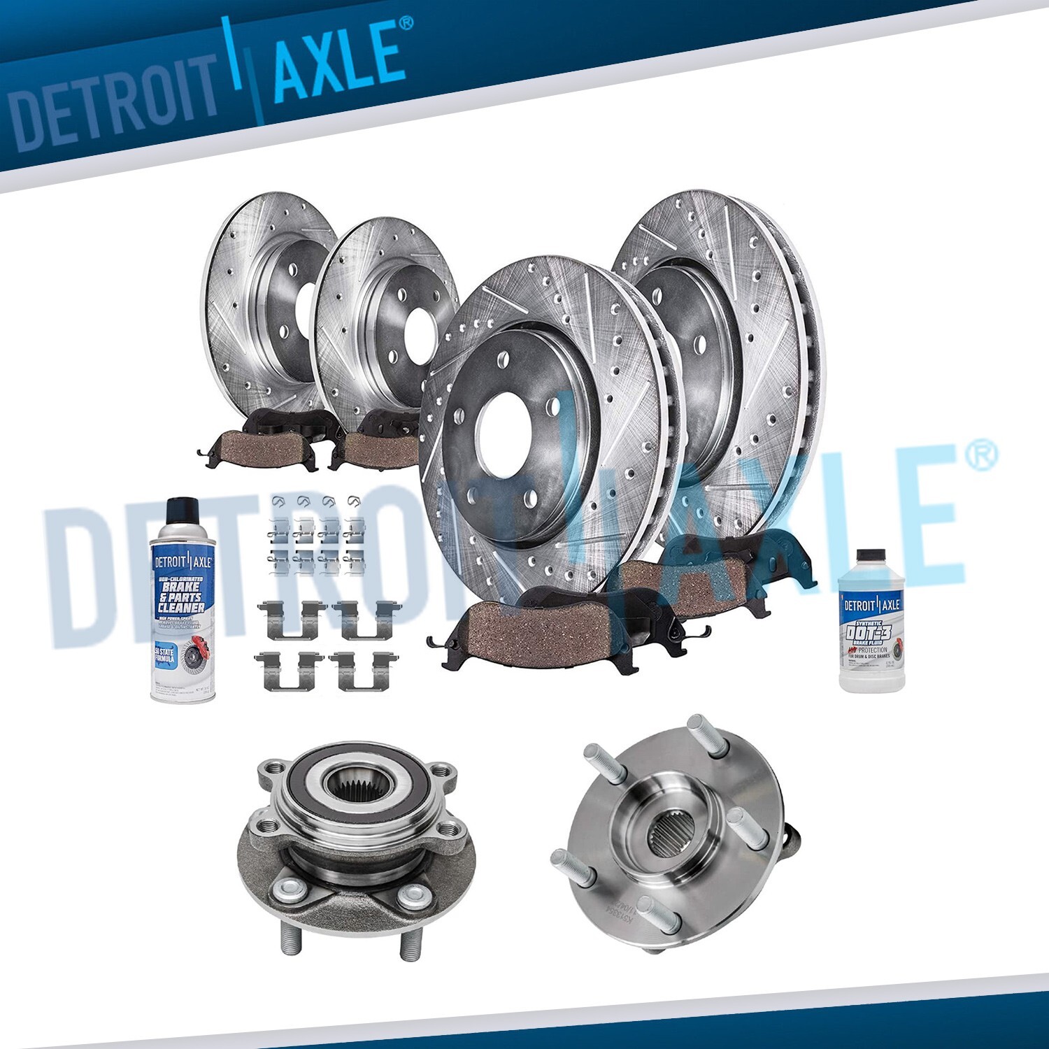 Front & Rear Drilled Rotors Brake Pads Wheel Hub Bearings for 2014-2018 Mazda 3