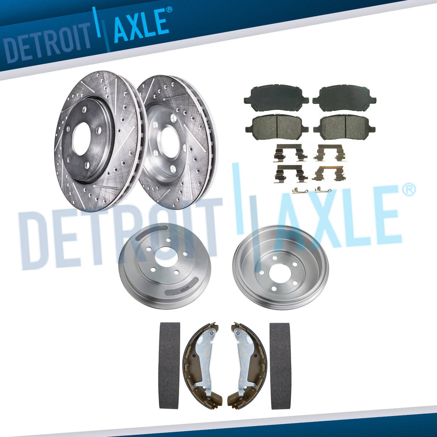 Front Drilled Rotors Brake Pads Rear Drums Shoes for 2009-2010 Chevy Cobalt G5