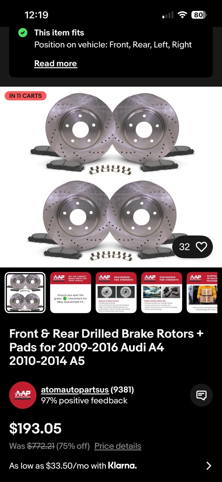 Front & Rear Drilled Brake Rotors + Pads for 2009-2016 Audi A4 2010-2014 A5