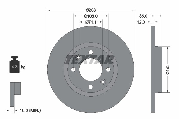 Textar 92325903 Brake Disc for Citroen, DS, Opel, Peugeot, Vauxhall