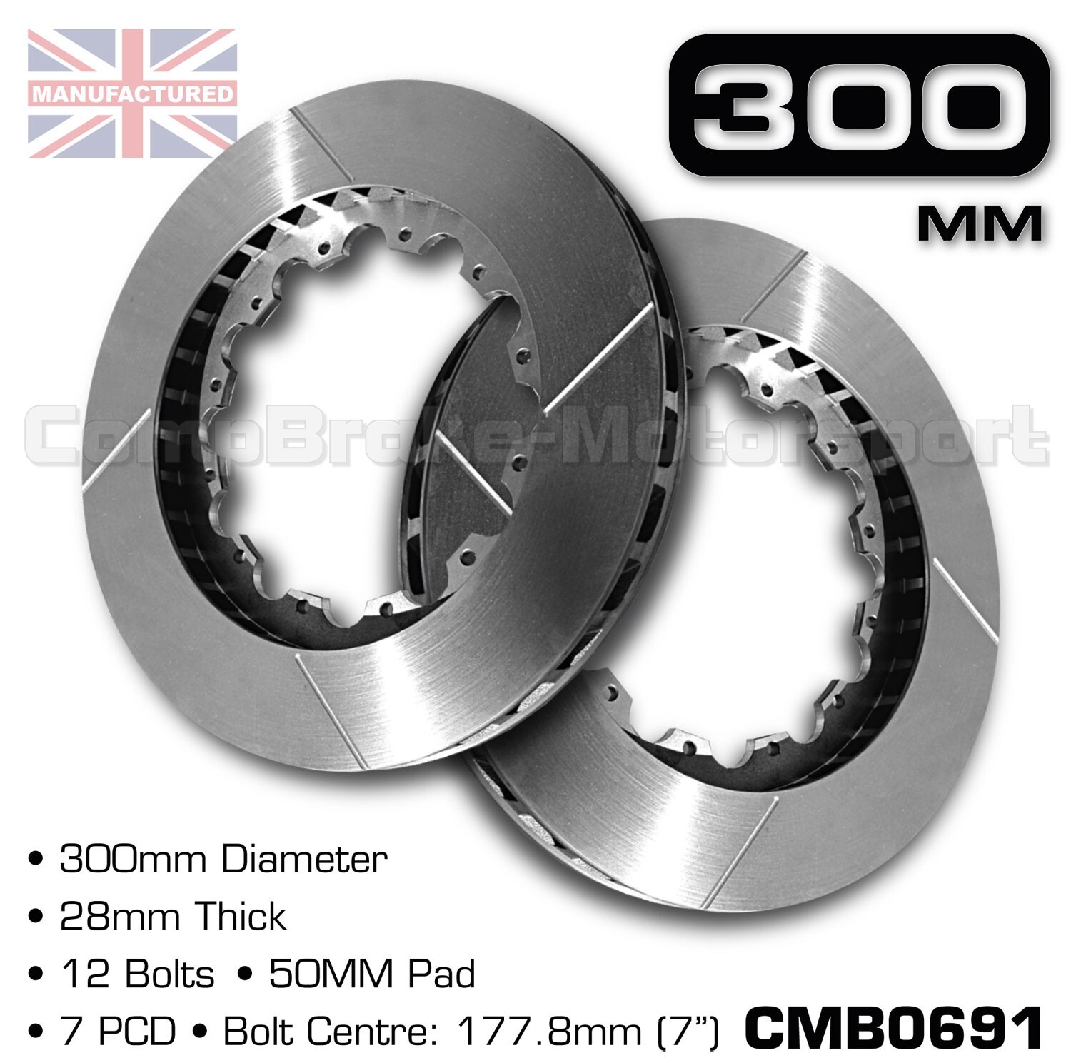 BRAKE DISCS / ROTOR 300mm X 28mm 12 BOLT (50mm PAD) 7″ PCD (PAIR) CMB0691