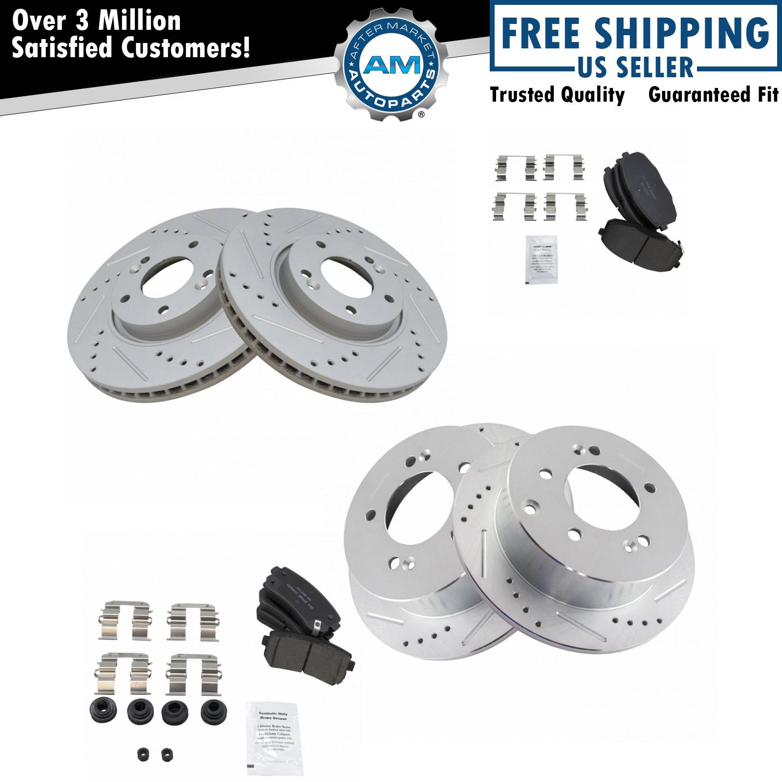 Front & Rear Posi Ceramic Brake Pad & Performance Drilled Slotted Coated Rotors