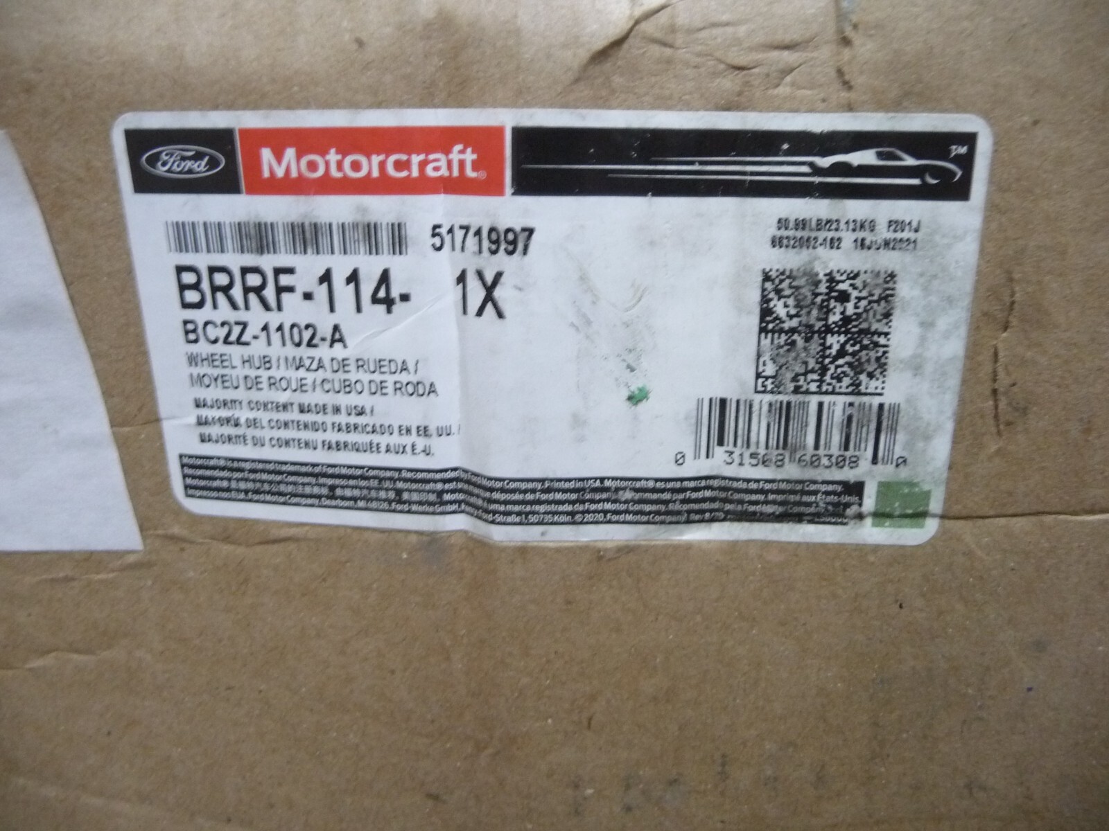 MOTORCRAFT GENUINE WHEEL HUB PART # BRRF-114 FORD PART # 8C2Z-1102-A