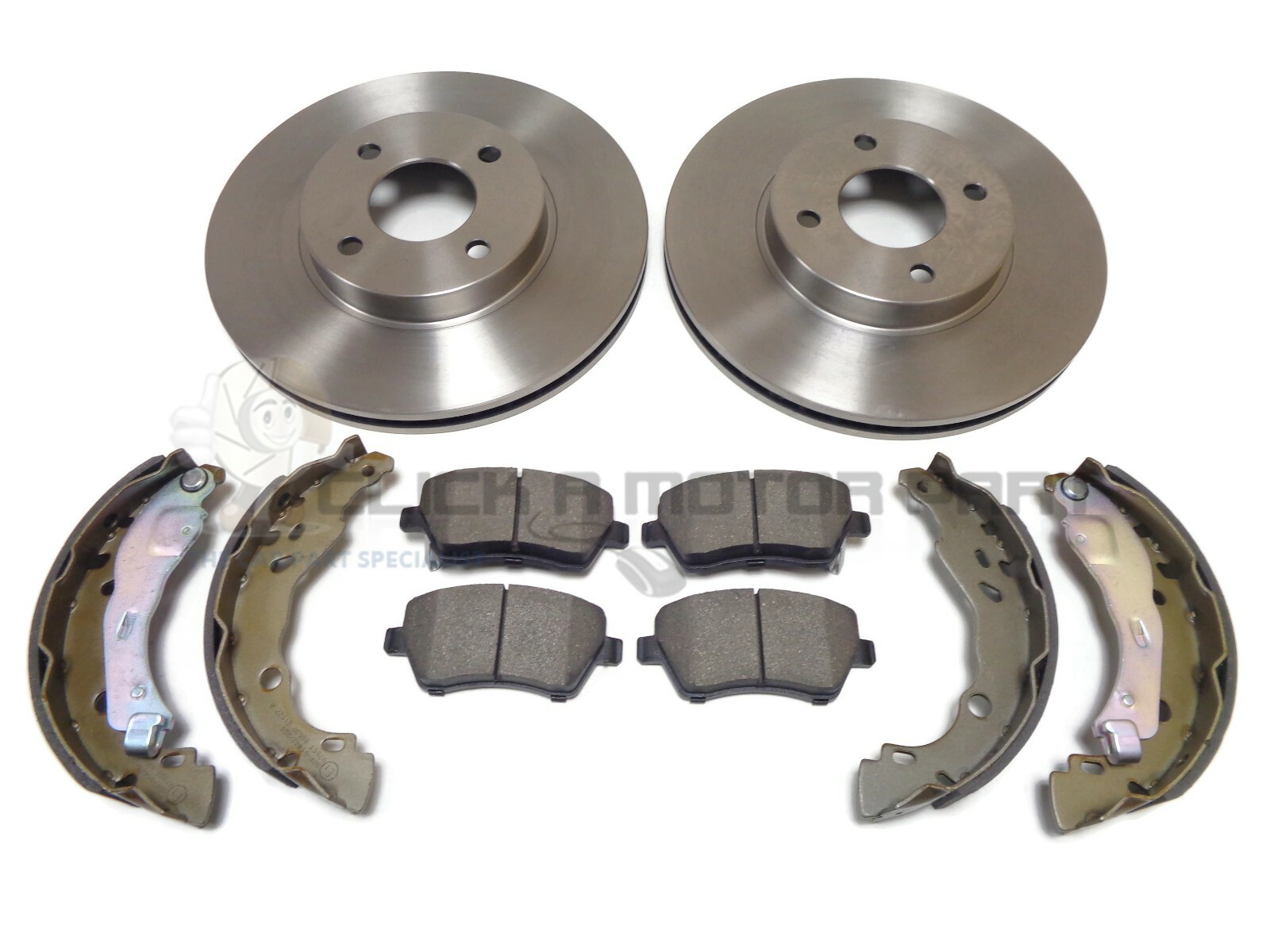FRONT 2 BRAKE DISCS AND PADS & REAR SHOES FOR NISSAN NOTE 1.2 1.5 DCi 2013-2017