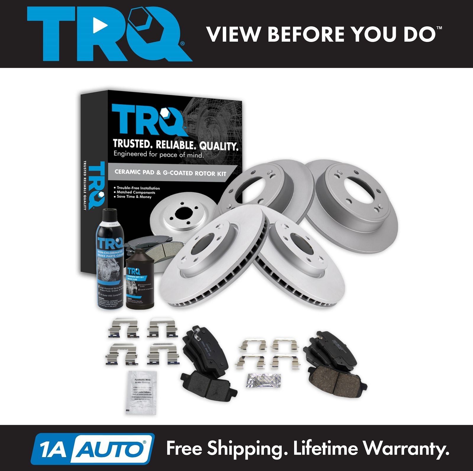 TRQ Front & Rear Brake Kit Posi Ceramic Pad & Coated Rotor Kit w/Chemicals