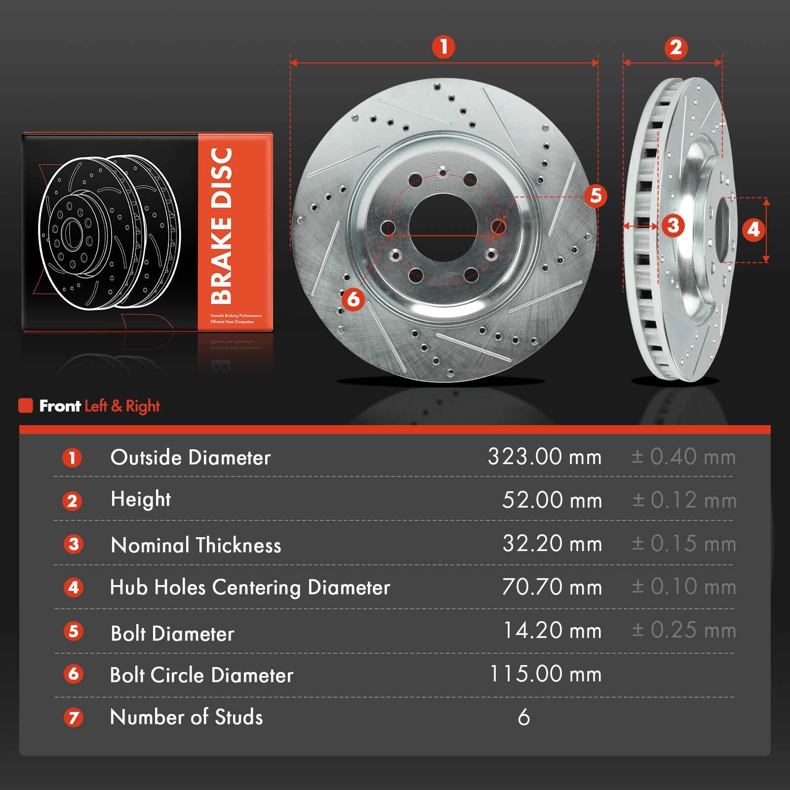 2Pcs Front Side Drilled Brake Rotors for Cadillac SRX 2004-2009 3.6L 4.6L 6-Lug
