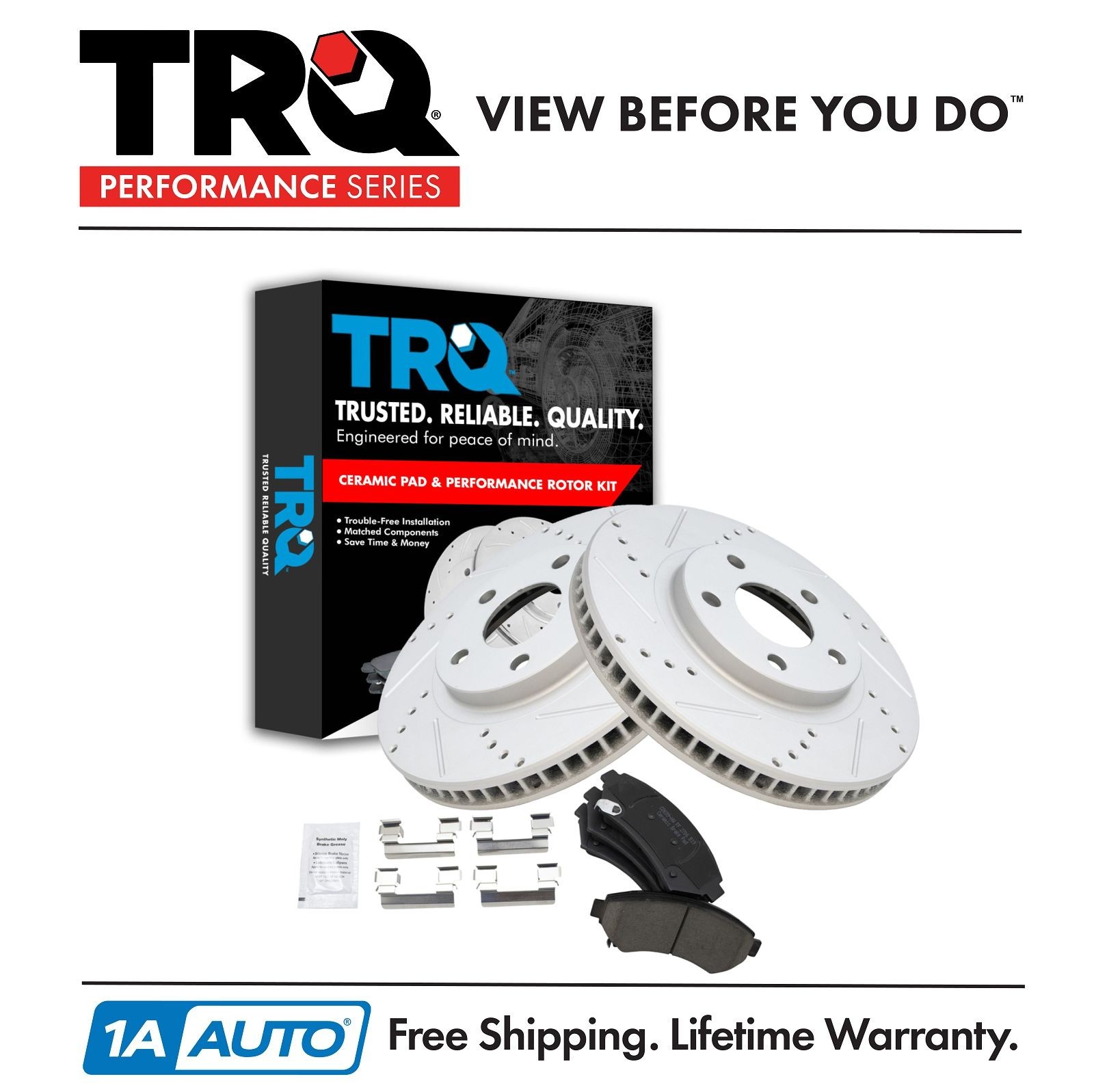 TRQ Performance Drilled Slotted Brake Rotor & Posi Ceramic Pad Front Set