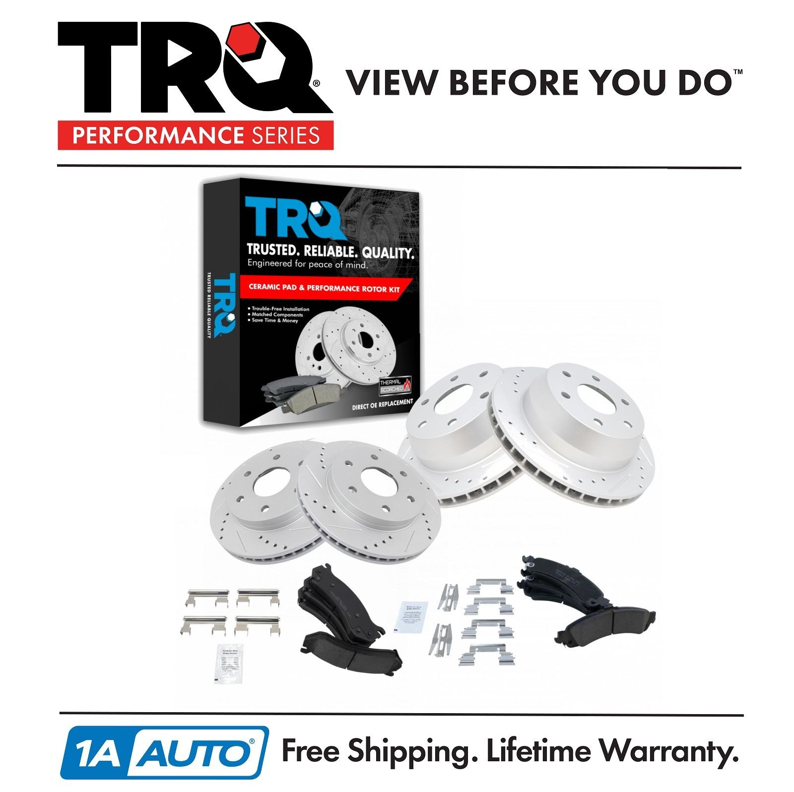 TRQ Performance Drilled Slotted Rotor & Posi Ceramic Brake Pad Front & Rear